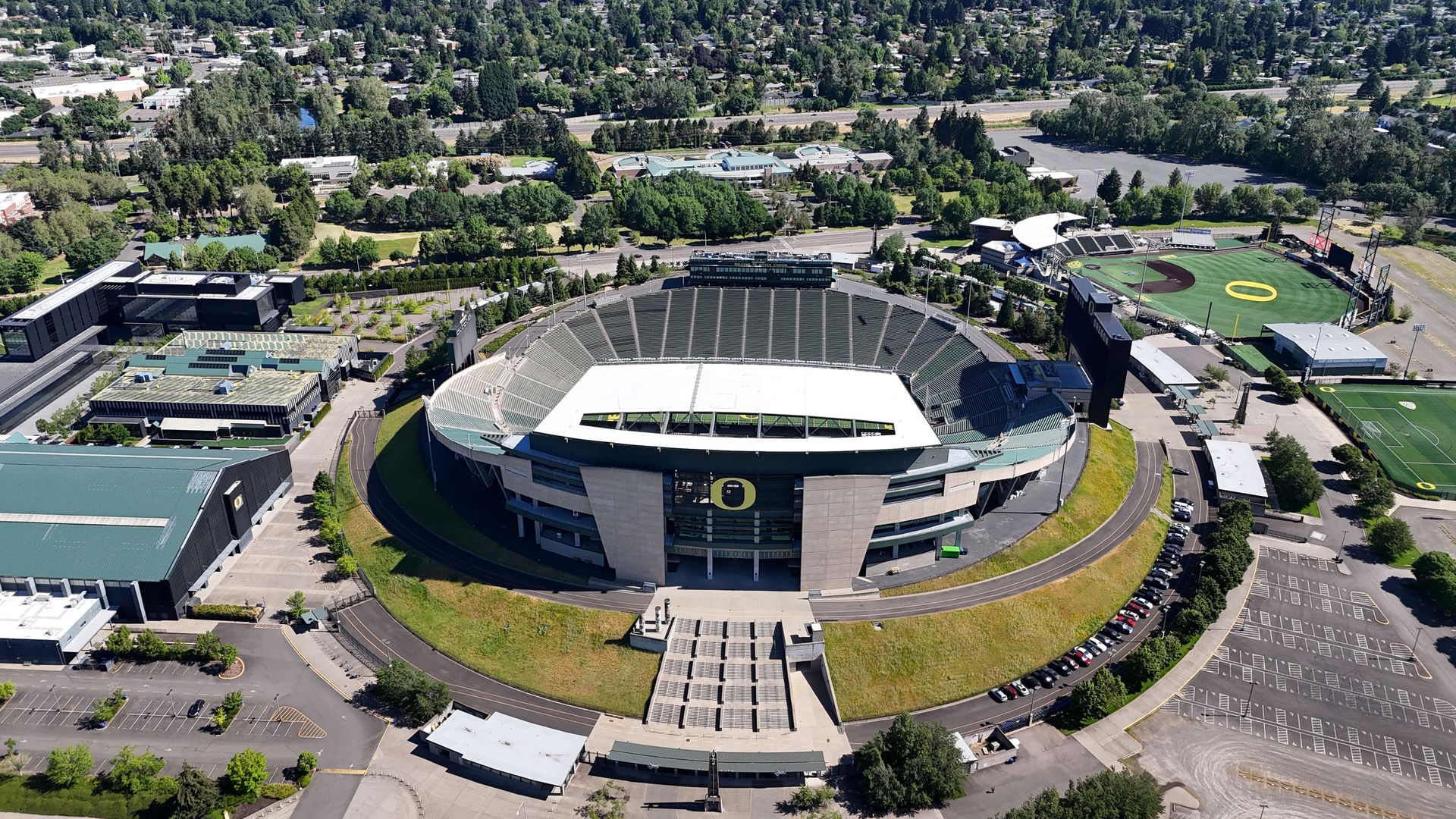 A general overall aerial view of Autzen Stadium on the campus of the University of Oregon on June 9, 2024 in Eugene, Oregon (Photo by Kirby Lee/Getty Images)