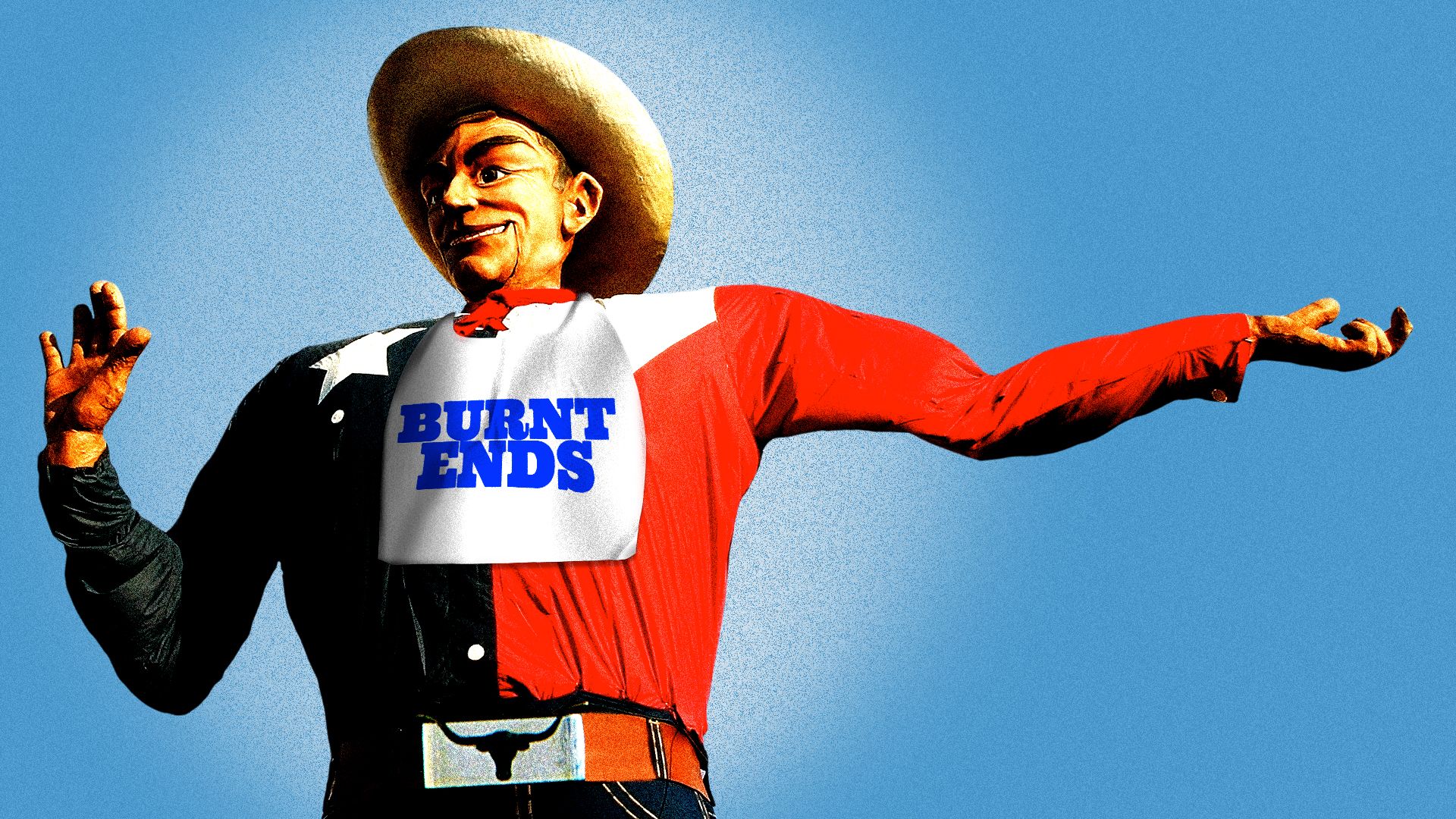 Illustration of Big Tex wearing a plastic barbecue bib.