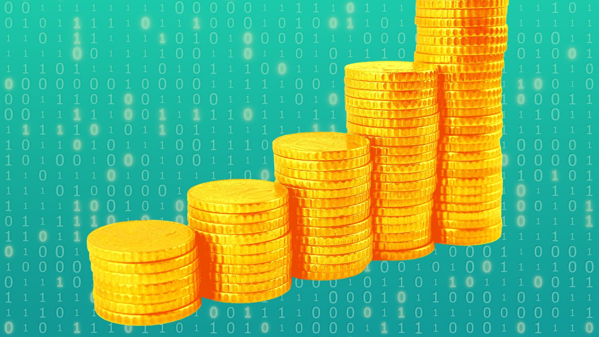 Illustration of gold coins stacked upwards over binary code