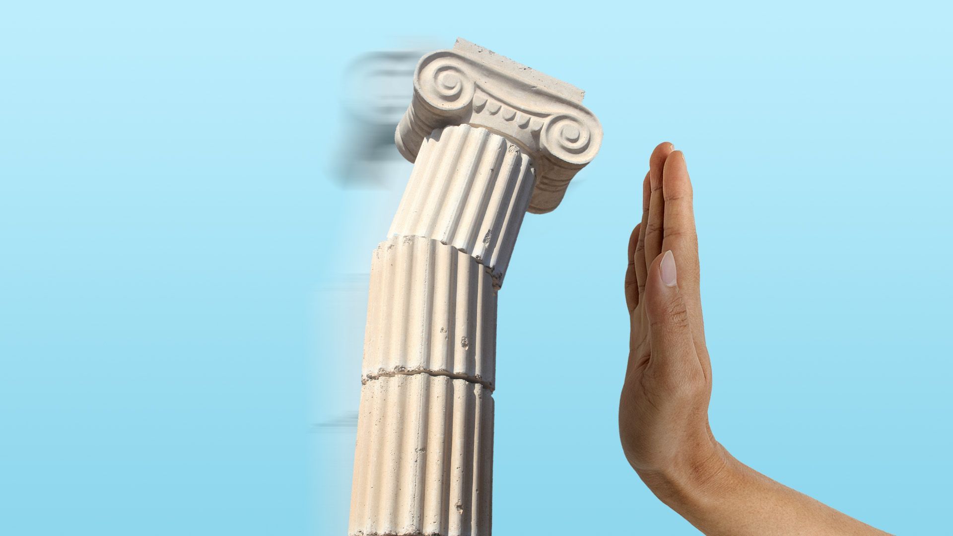 Illustration of a column falling toward an outstretched hand