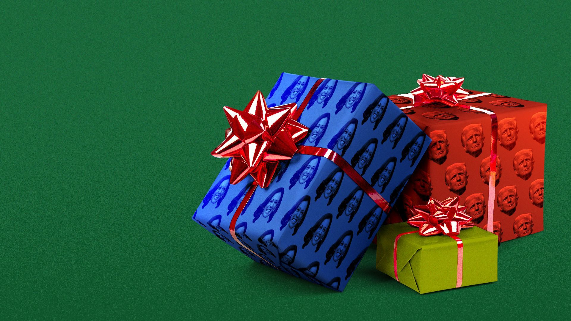 Illustration of a pile of gifts wrapped in wrapping paper with Kamala Harris' and Donald Trump's faces on it.