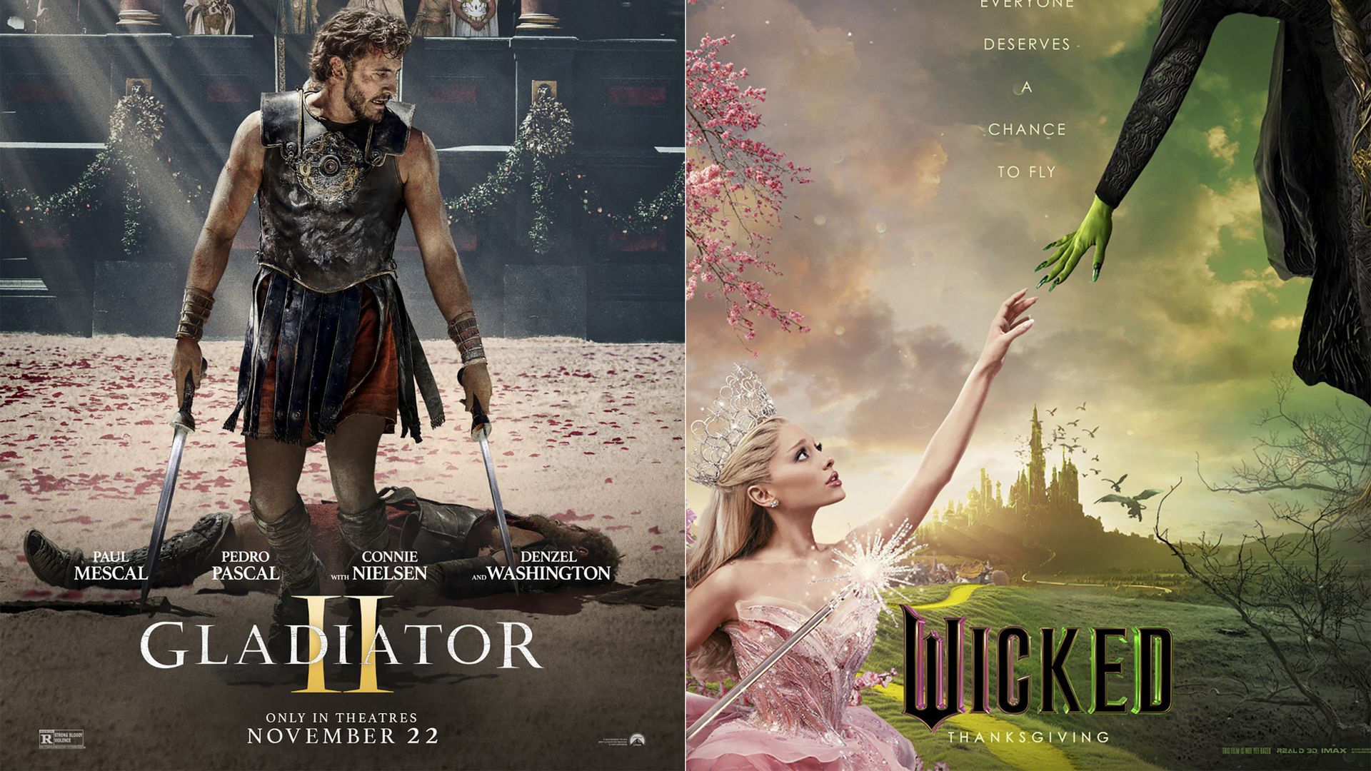 This combination of images shows promotional art for "Gladiator II," left, and "Wicked." (Paramount/Universal Pictures via AP)