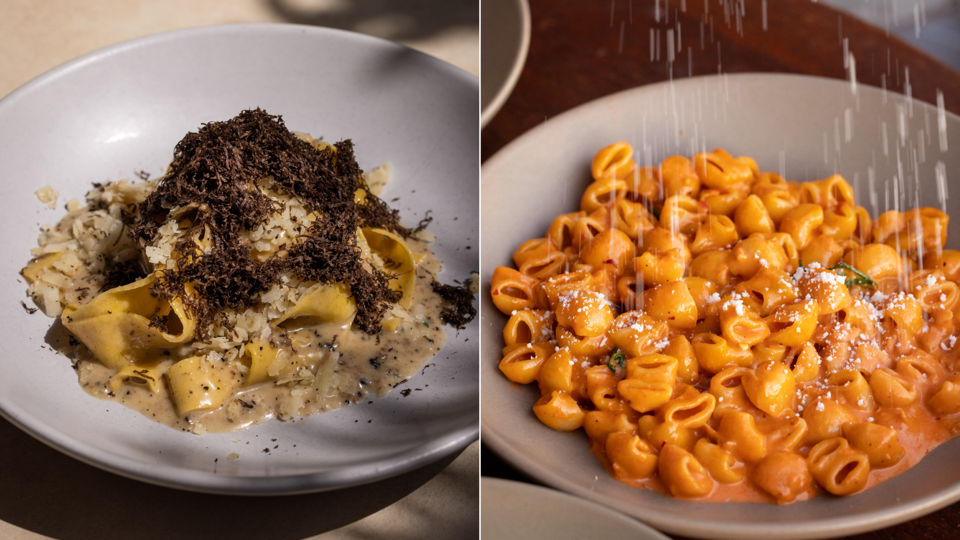 Side by side photos of pasta.