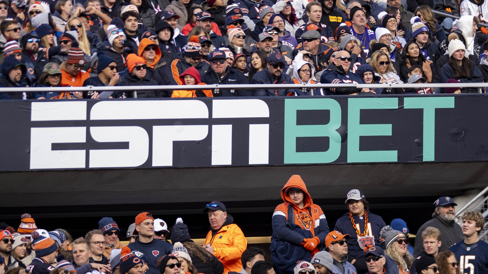 The ESPN Bet logo on an advertising placard at an NFL game
