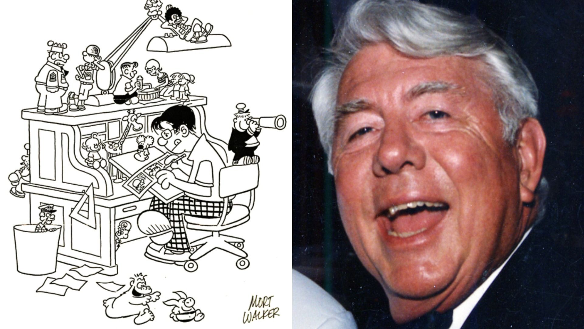 Split image: left, a black-and-white cartoon of a man drawing at a desk surrounded by small playful characters; right, a close-up photo of an elderly man with white hair smiling.