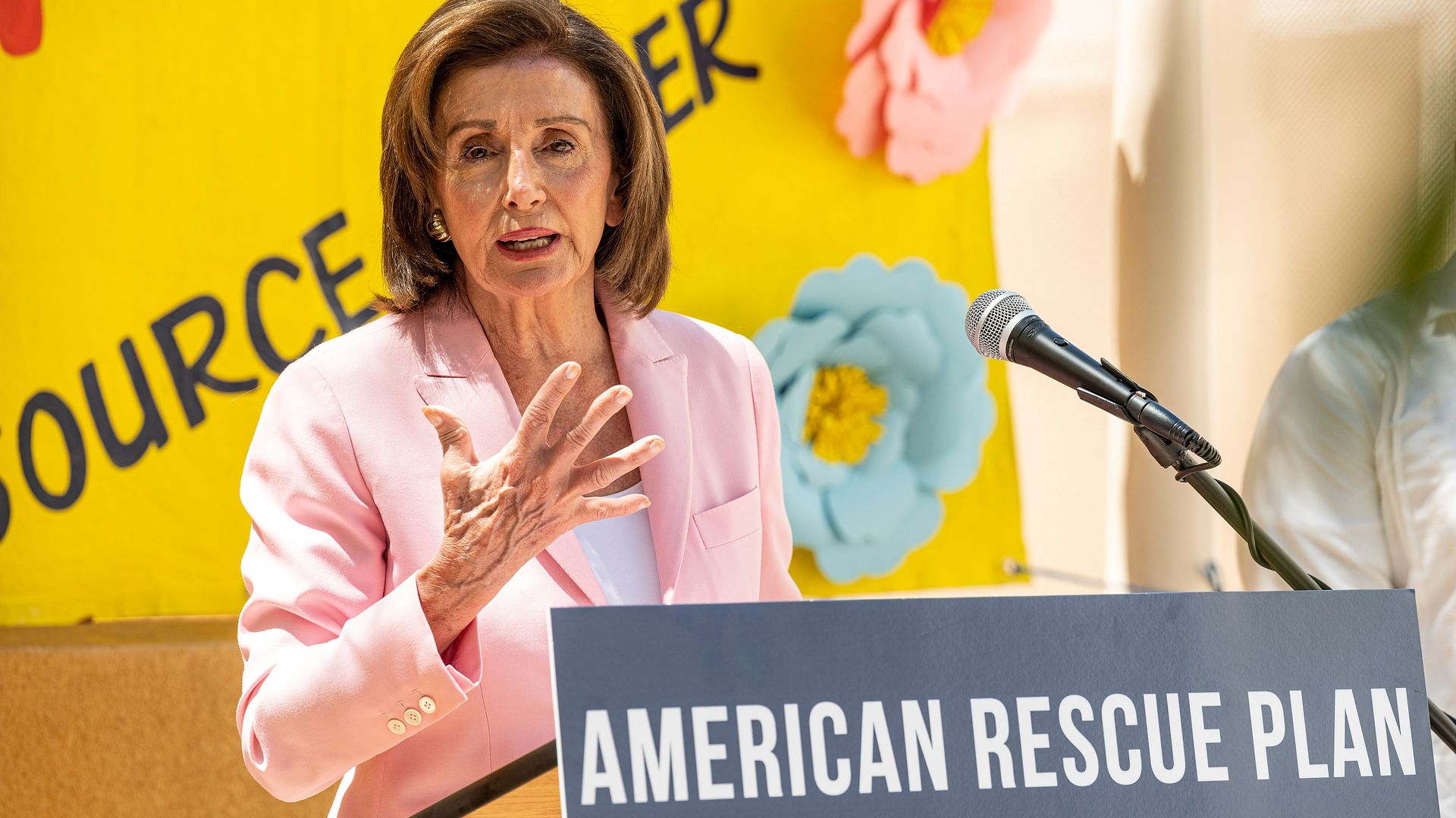 House Speaker Nancy Pelosi is seen speaking up the American Rescue Plan during an event in San Francisco.
