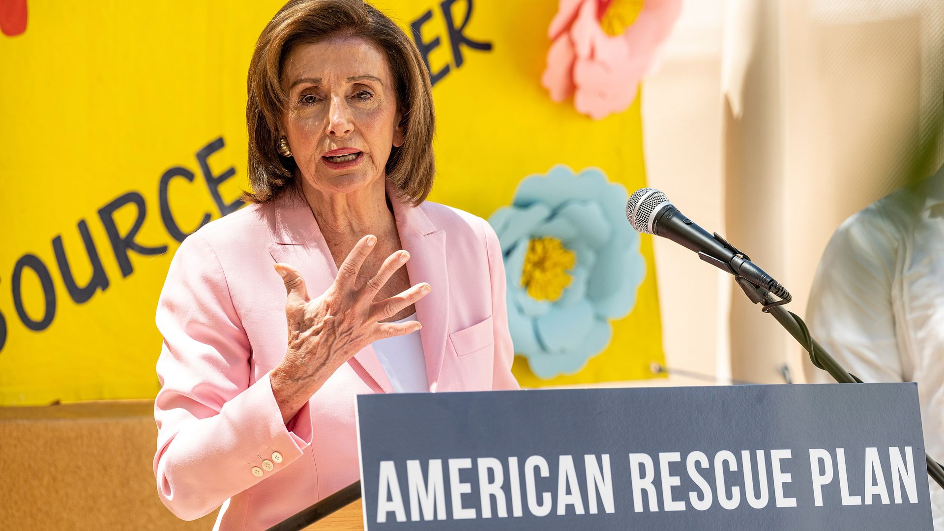 House Speaker Nancy Pelosi is seen speaking up the American Rescue Plan during an event in San Francisco.