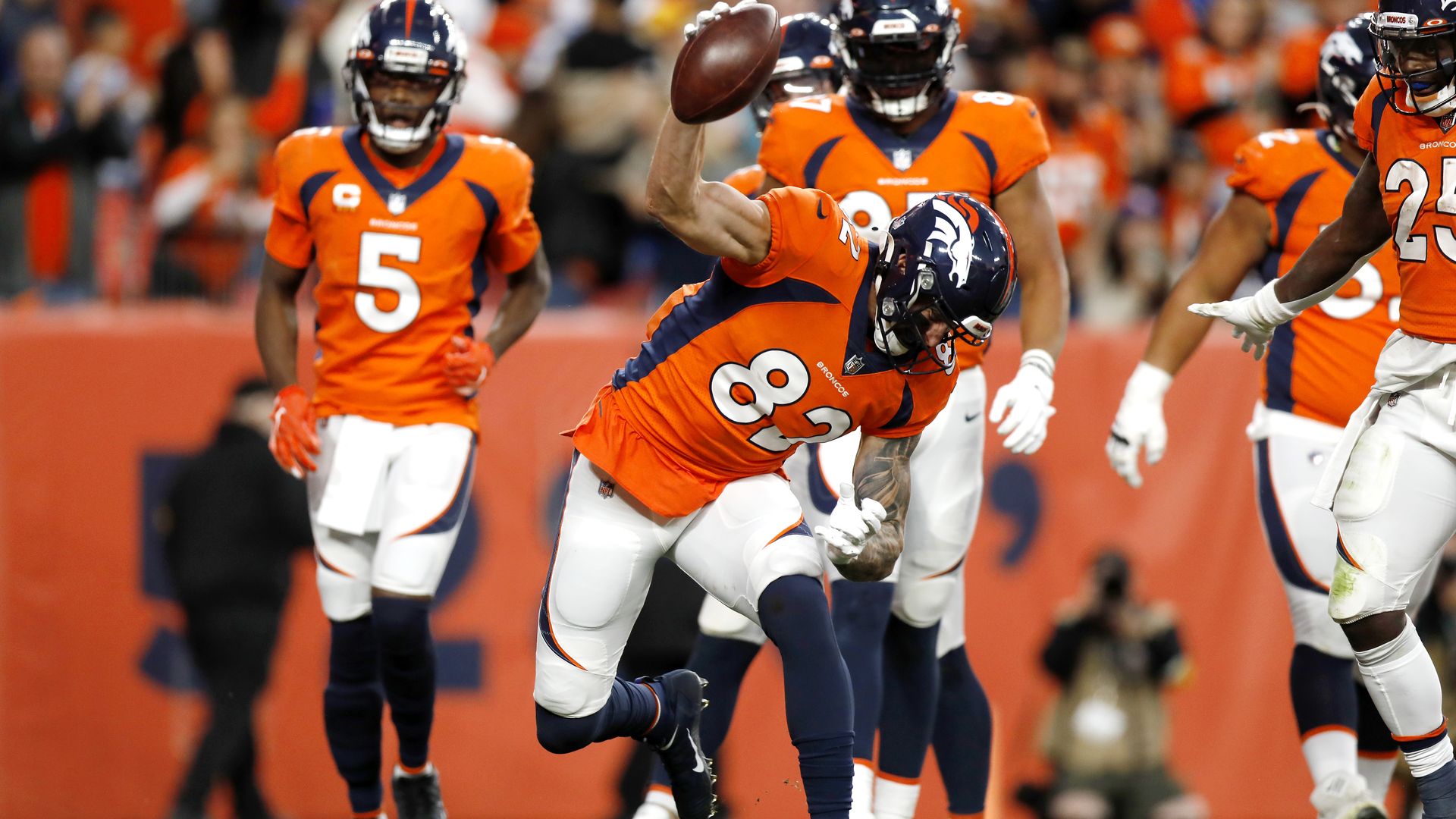  Eric Saubert of the Denver Broncos spikes the football after scoring a touchdown in the fourth quarter Sunday. Photo: Justin Edmonds/Getty Images