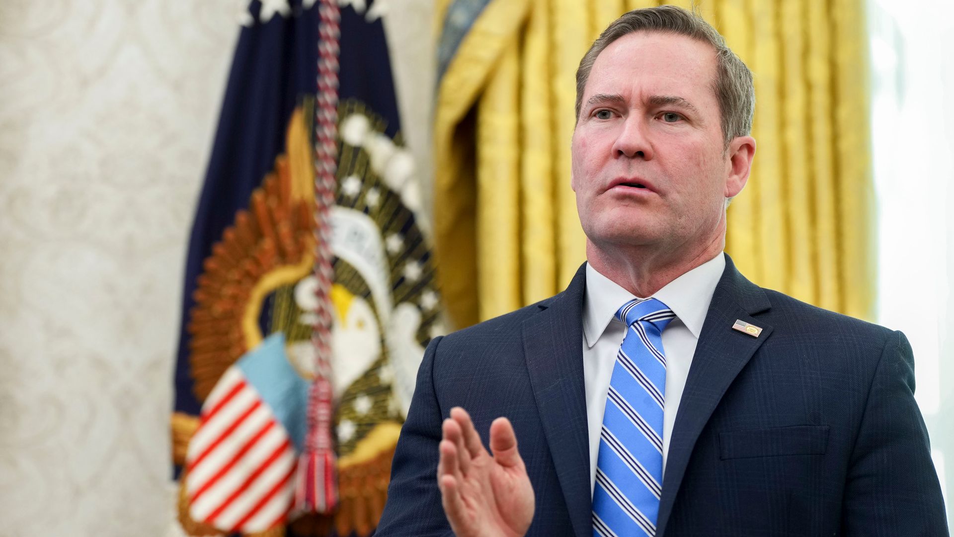 Mike Waltz, US national security adviser, speaks in the Oval Office of the White House in Washington, DC, US, on Friday, March 7, 2025. US job growth steadied last month while the unemployment rate rose, a mixed snapshot of a job market hanging in the balance of quickly changing government policy. P