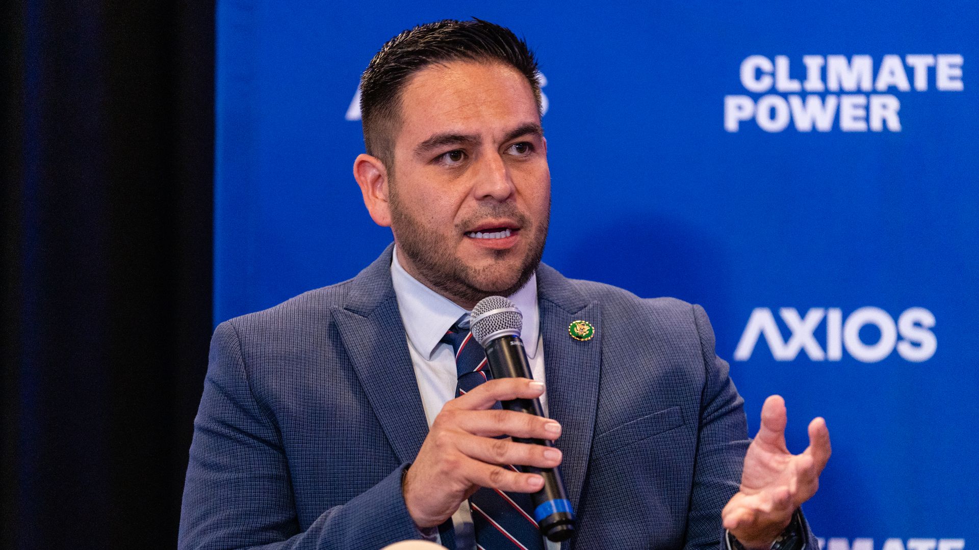 U.S. Rep. Gabe Vasquez (D-N.M.) speaks at an Axios Latino event in Washington on climate change..