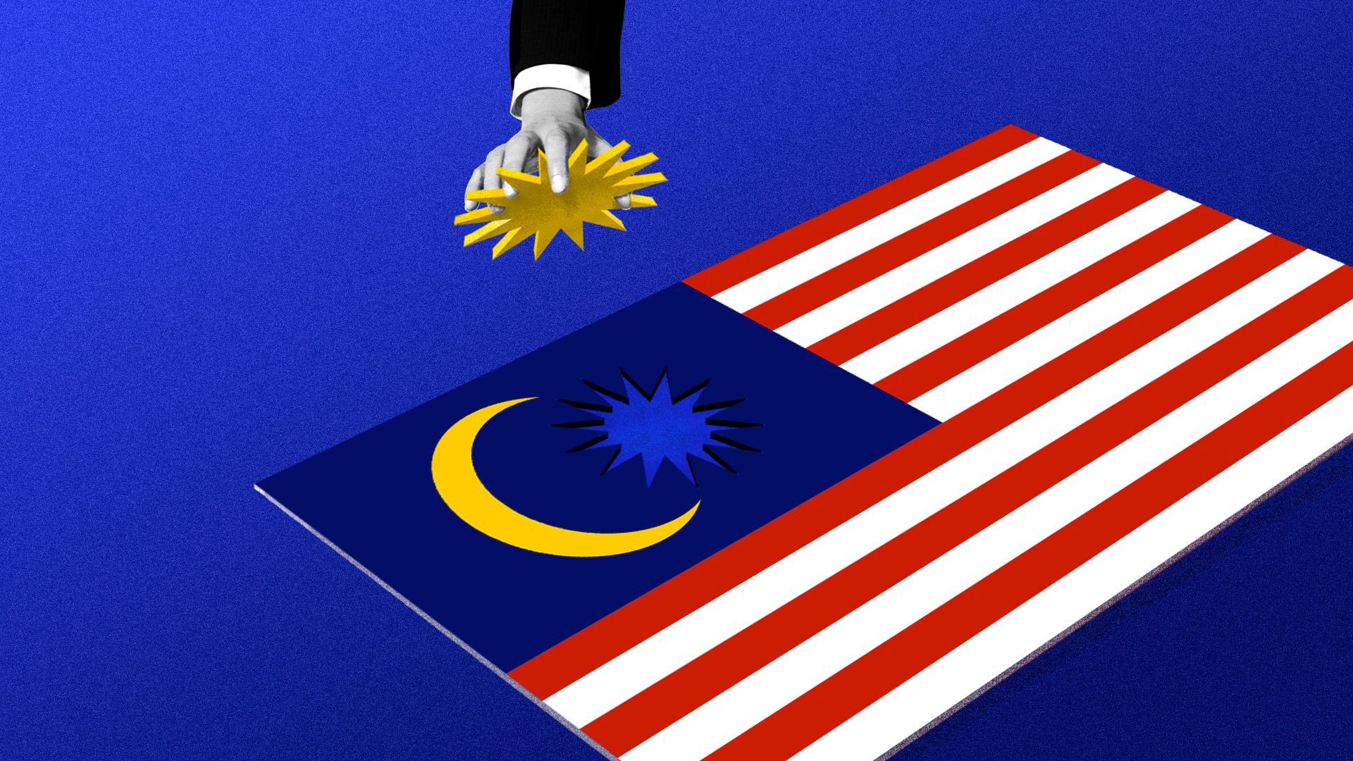 An illustration of combining the Malaysian and US flags, with a hand reaching out