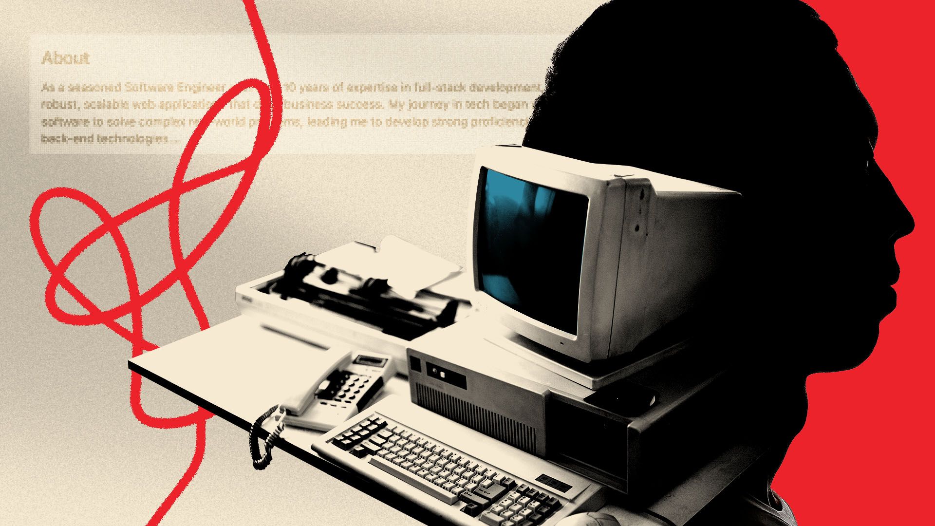 Illustration of a silhouette of a person's head combined with a vintage computer setup including a CRT monitor, keyboard, and telephone on a red and beige background with a red abstract line.