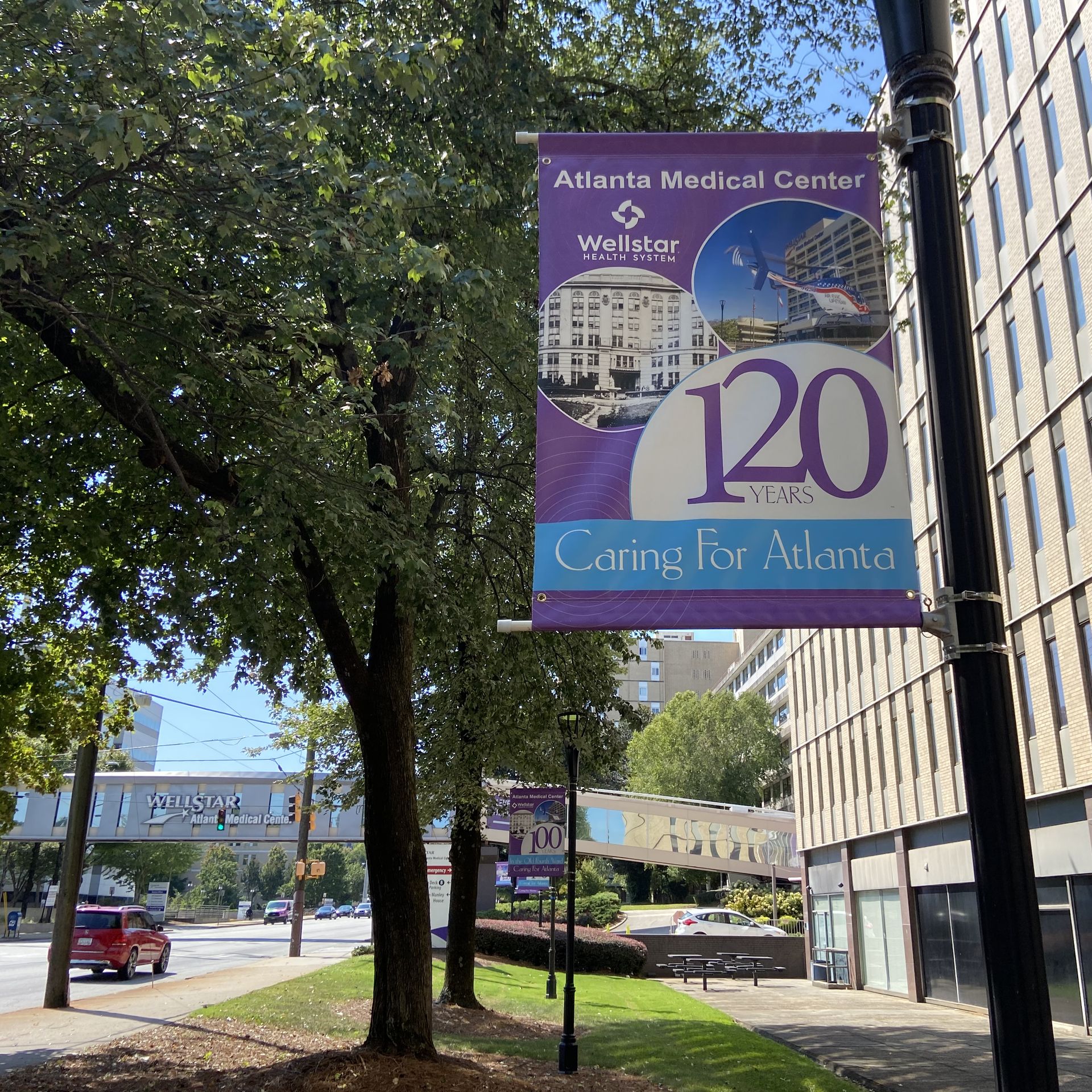 SIgn saying 120 years of caring for Atlanta outside a hospital
