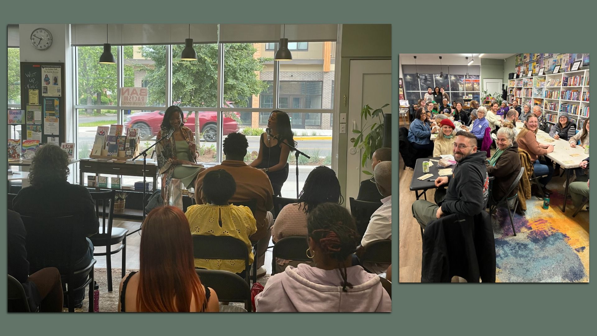 Two photos of crowded events at a book shop. In one, people are participating at a workshop at tables. In the other, two speakers are sitting in front of an audience.