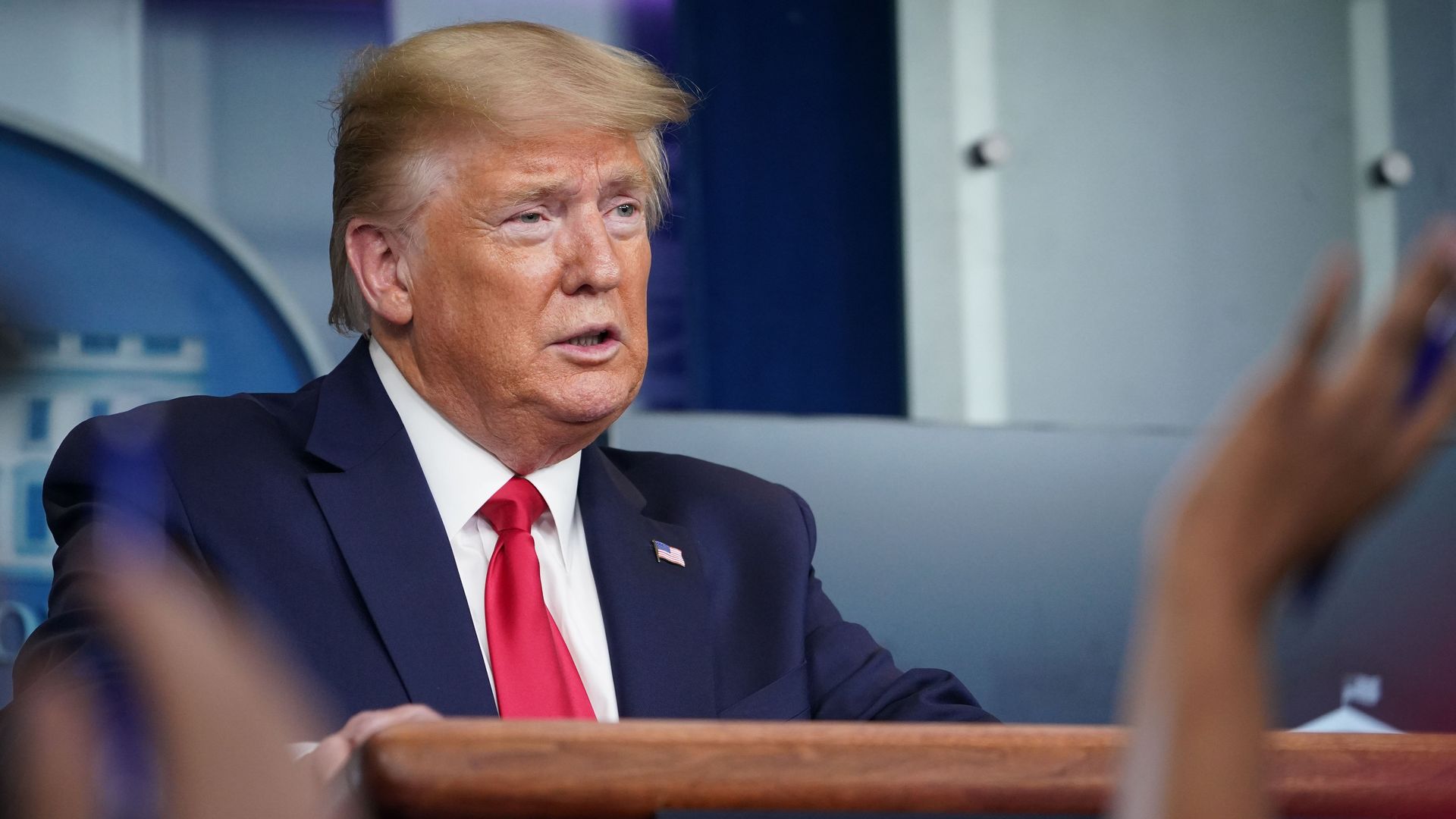  President Donald Trump answers questions from reporters during the daily briefing on the coronavirus
