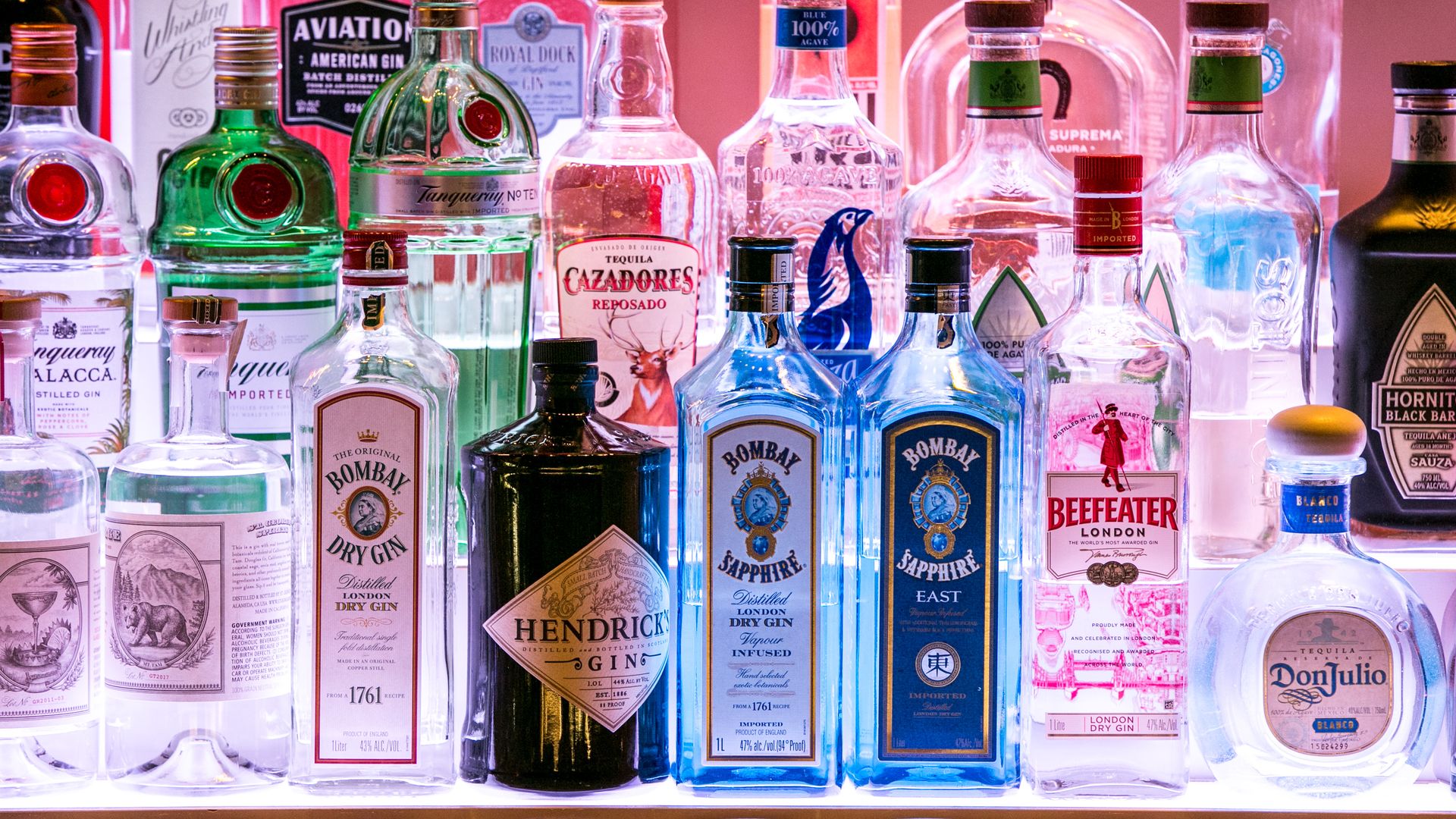 gin and tequila bottles