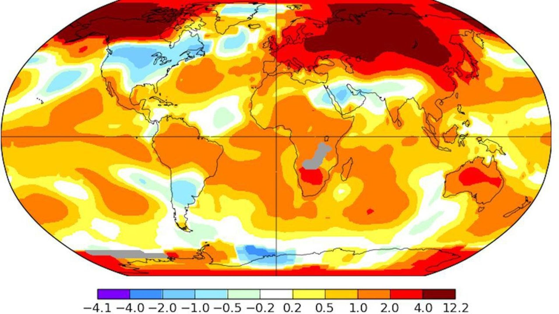 A hot March: Global average temperature anomalies in degrees Celsius, compared to the 1951-1980 average for that month. Chart: NASA GISS