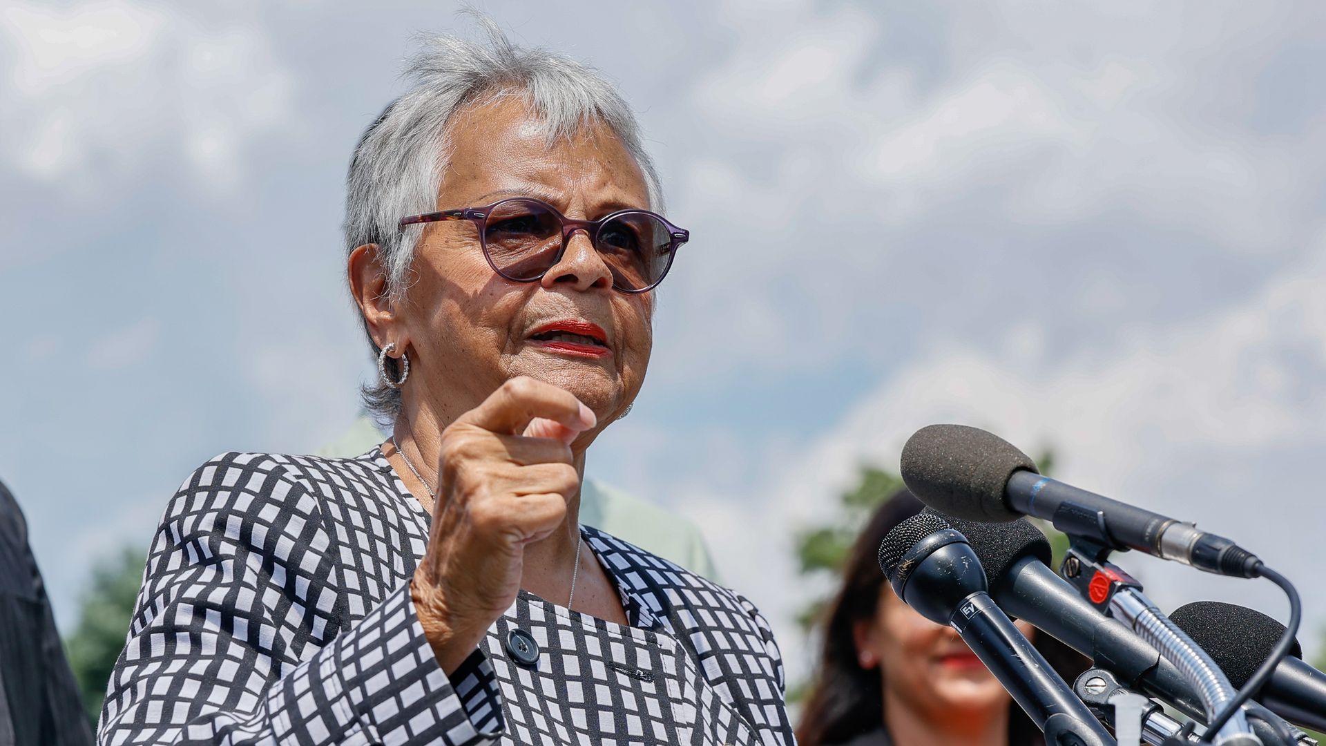 Rep. Bonnie Watson Coleman gestures as she speaks during a press conference.