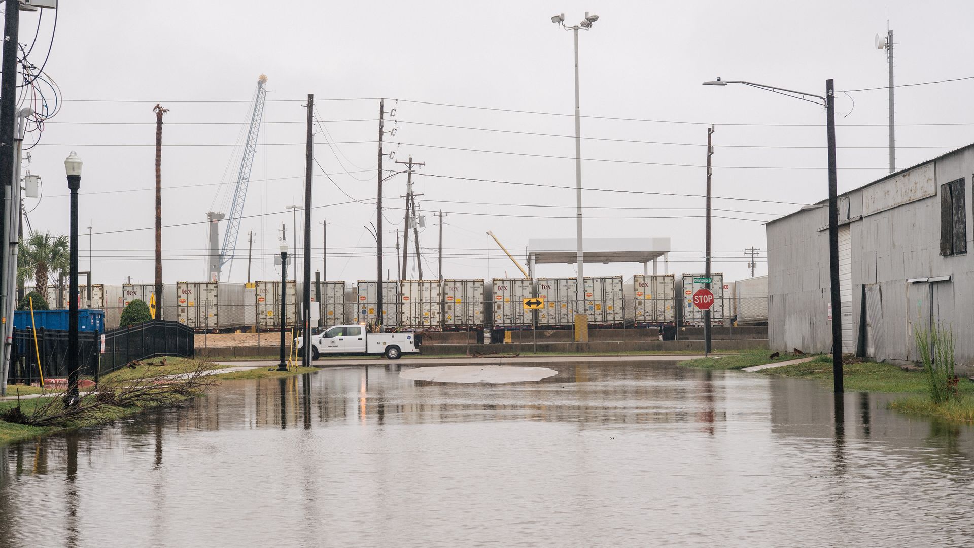 A flooded street is shown after Tropical Storm Nicholas moved through the area on September 14
