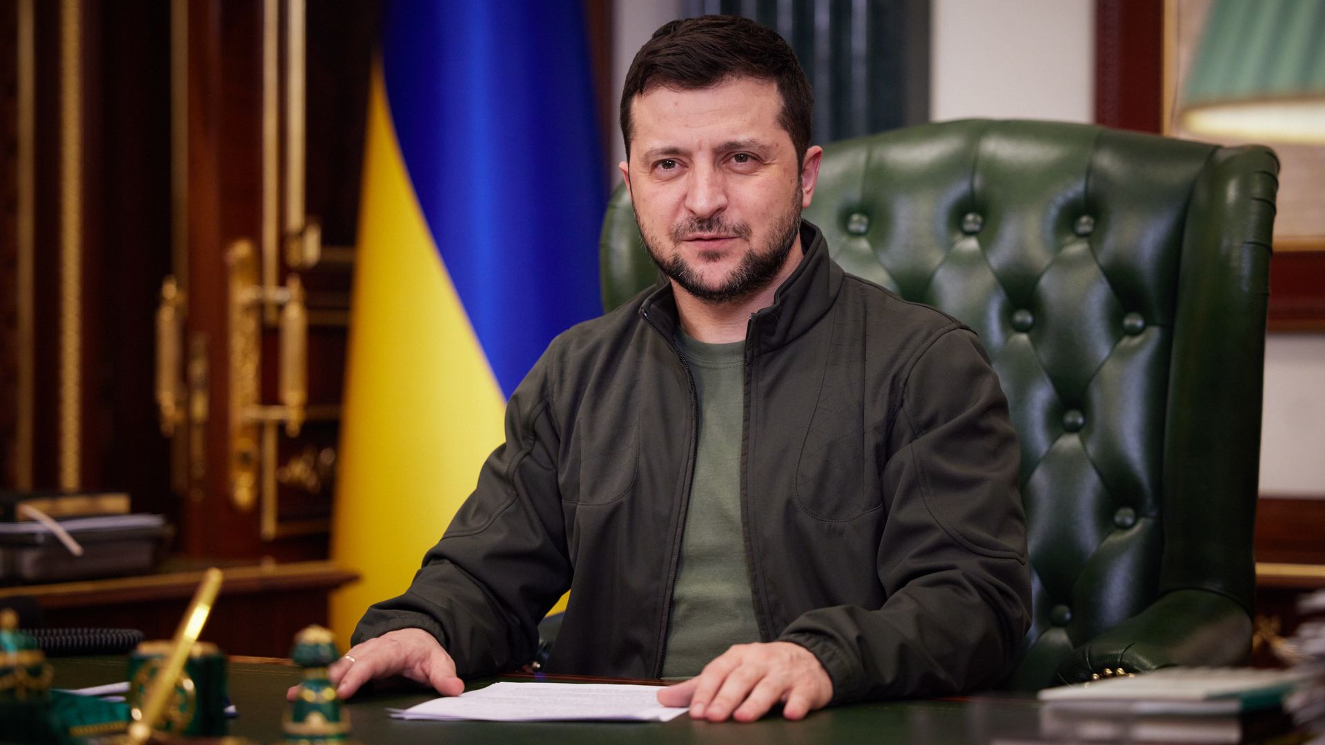 Ukrainian President Volodymyr Zelenskyy makes a speech on evaluation the 22nd day of the Russia-Ukraine war during virtually addressing in Kyiv, Ukraine on March 17.