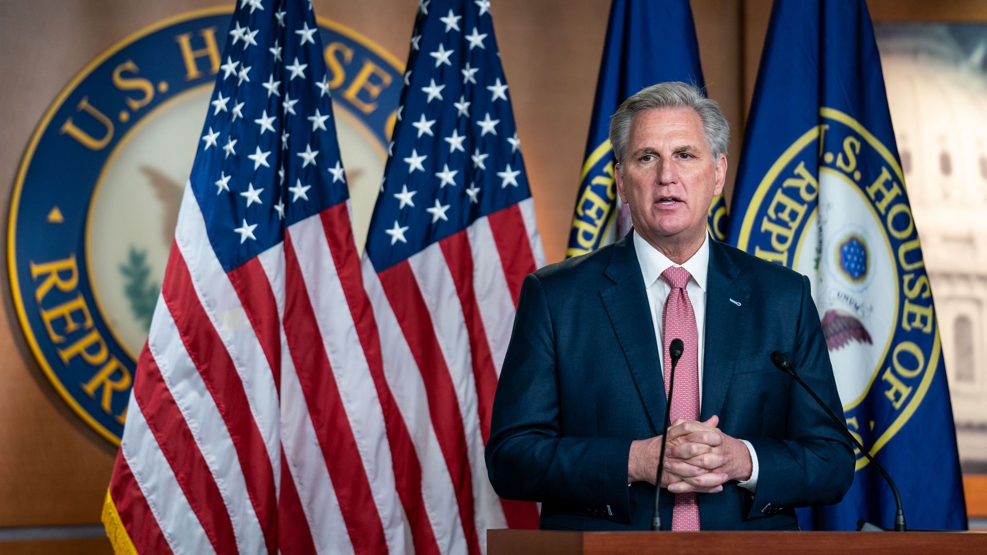 House Minority Leader Kevin McCarthy is seen speaking during his weekly news conference.