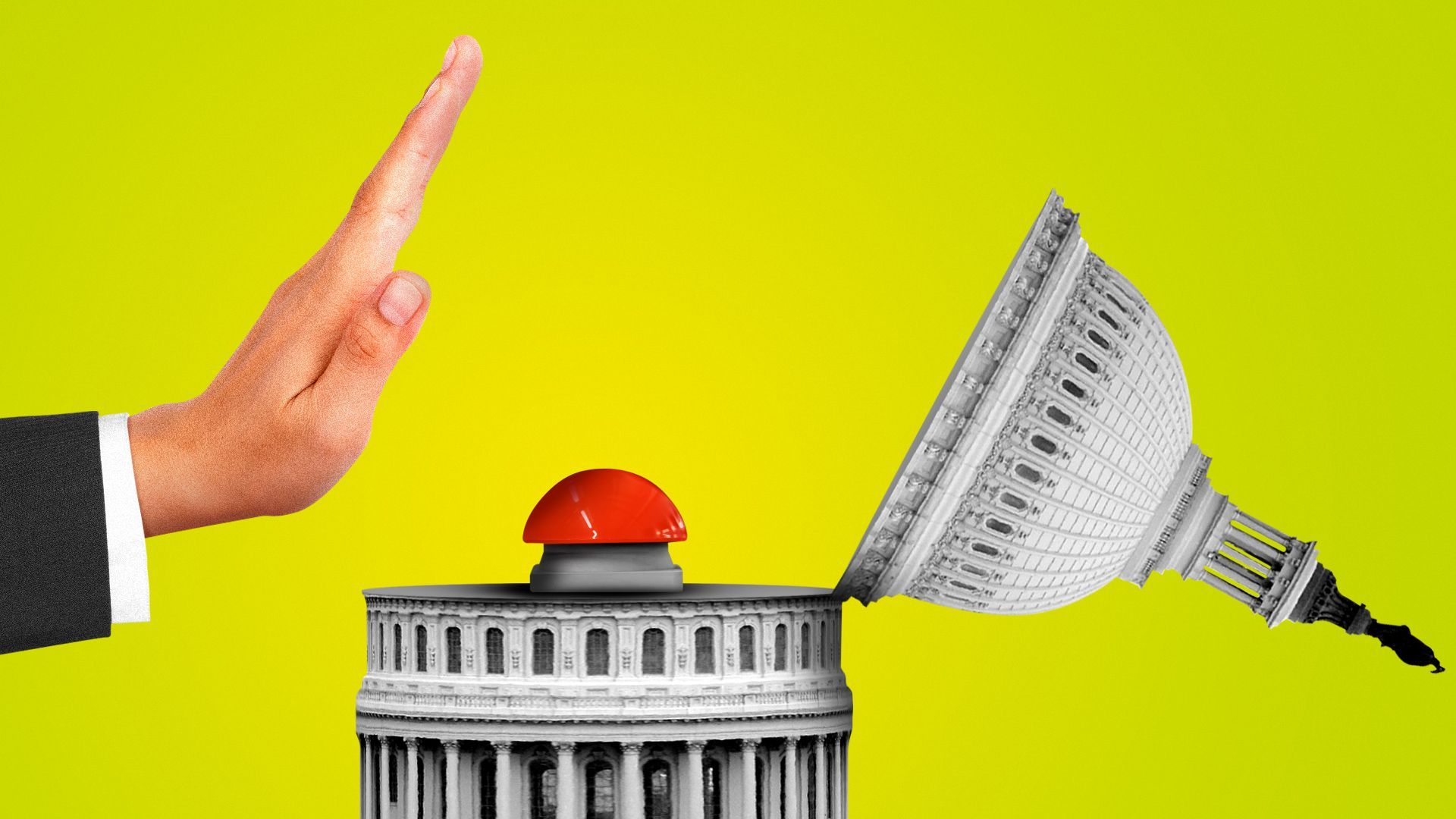 Illustration of the Capitol dome opening up to reveal an emergency button with a hand hovering above about to press it. 