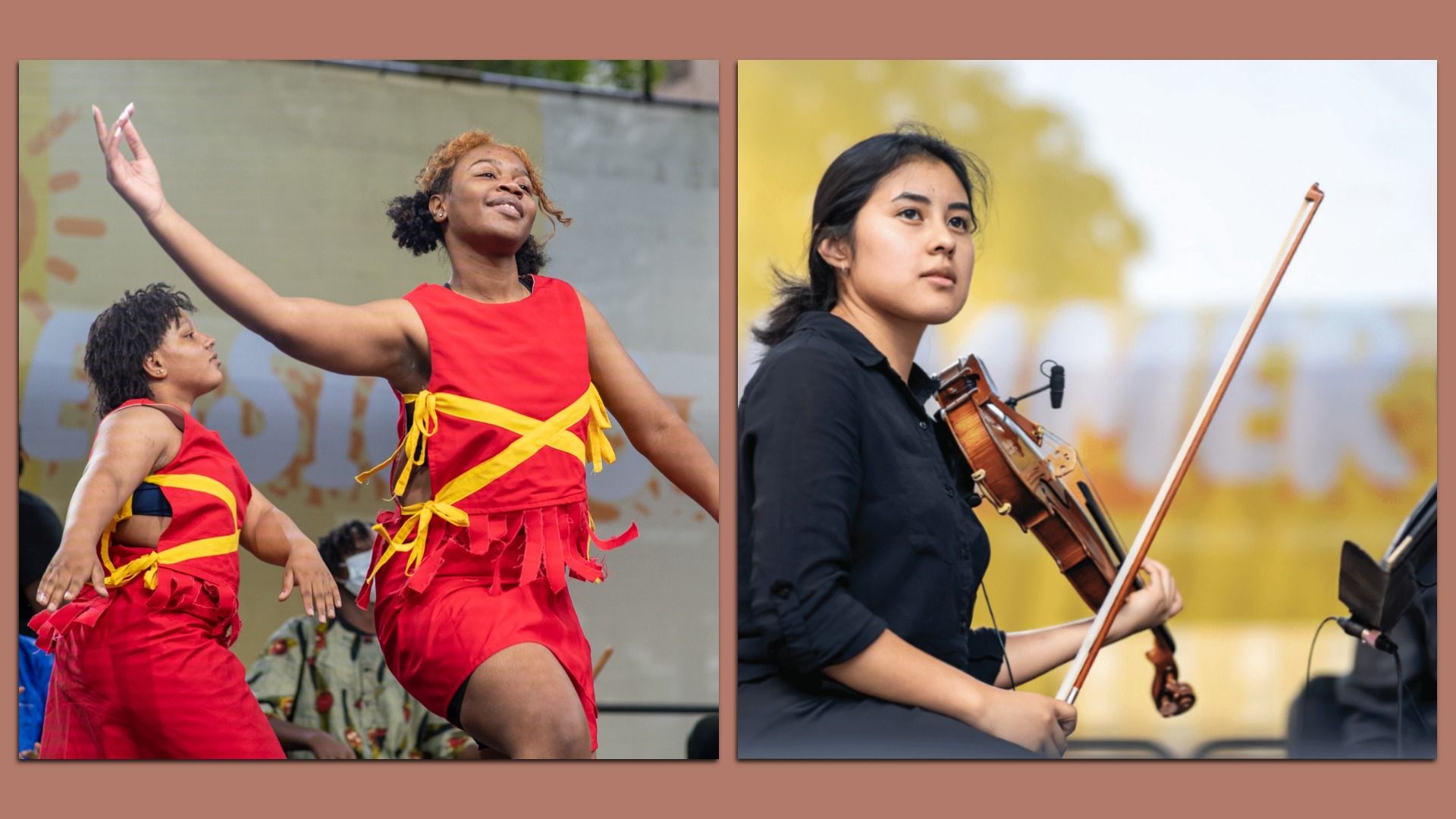 Two images: left, two dancers in red dresses with yellow sashes performing; right, a focused woman in black plays violin outdoors with blurred background.