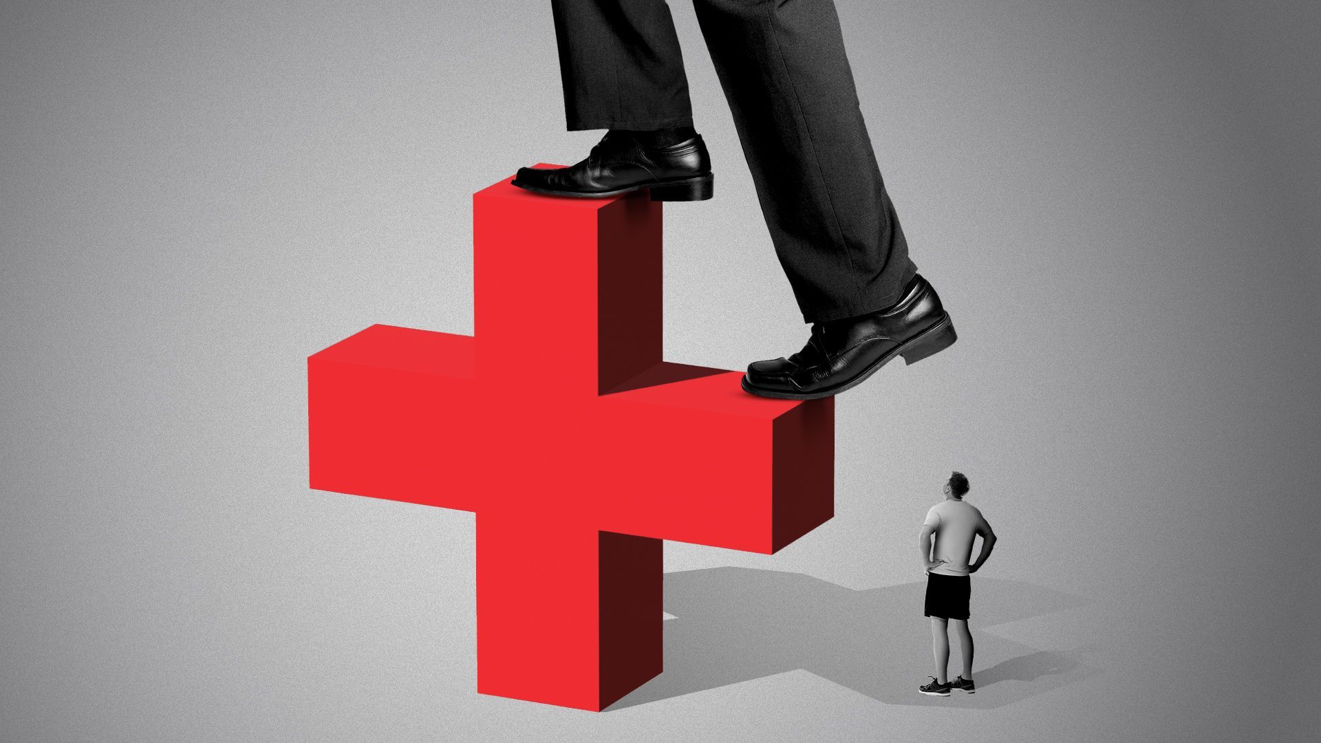 Illustration of a 3D health plus, with a large person walking up the steps of the plus easily, and a smaller person in the shadow of the plus. 