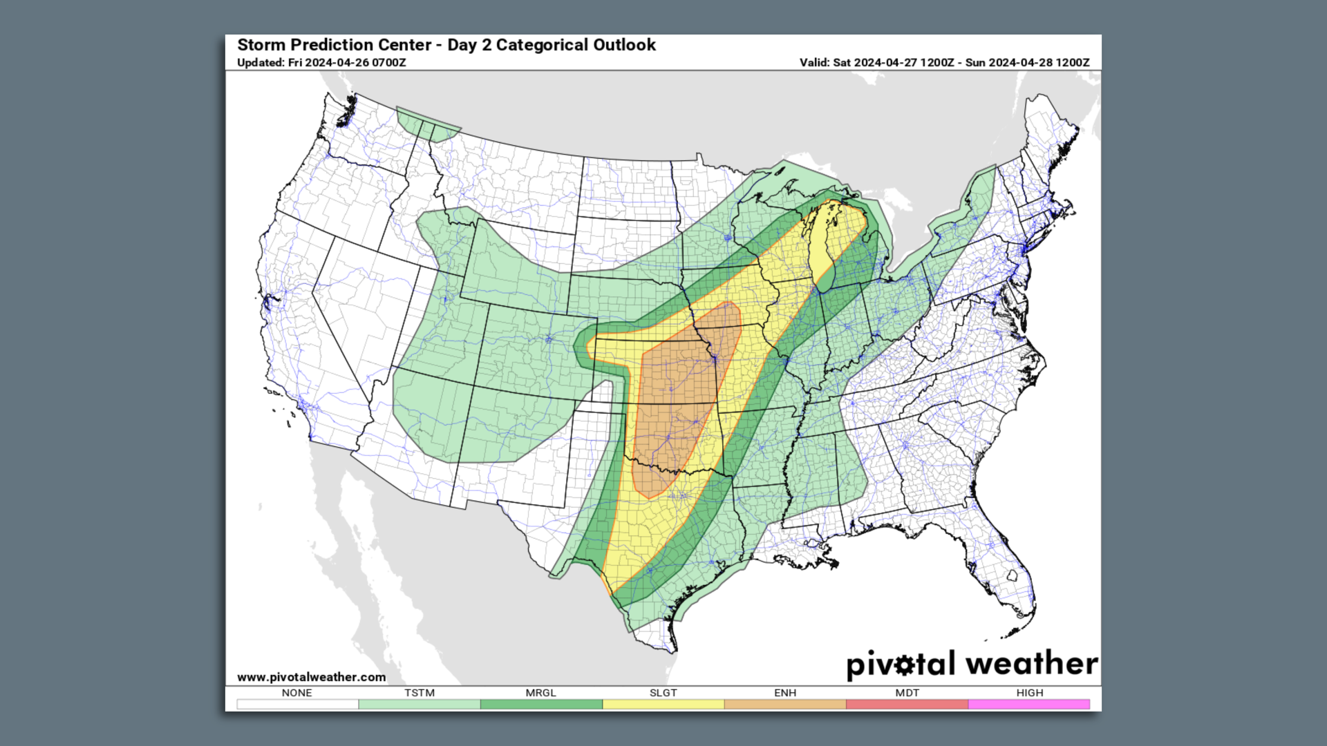 Map showing storm threat outlook for April 27.
