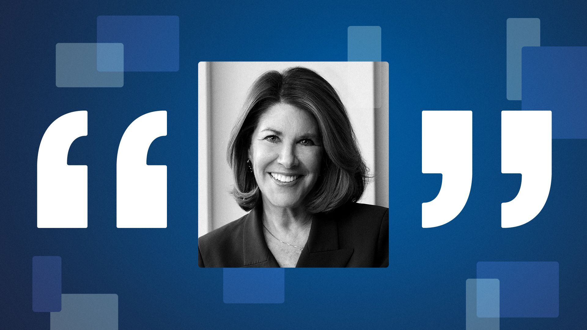 Photo illustration of Sherrie Weston surrounded by quotation marks and abstract shapes.