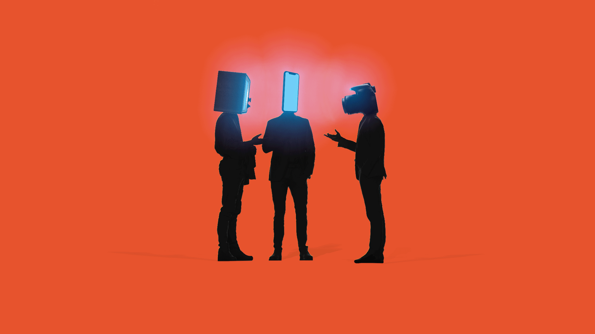 Illustration of three figures in silhouette with screens for heads