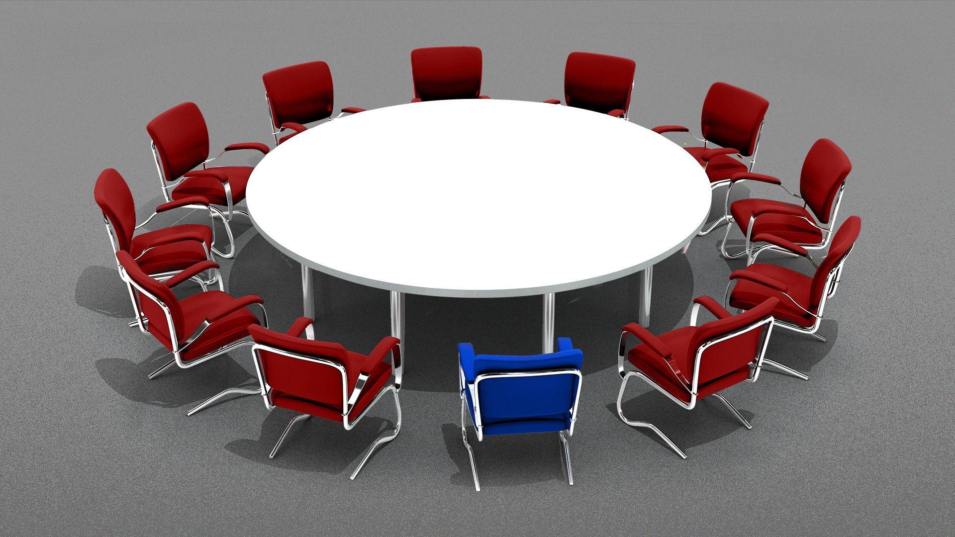 Illustration of a conference table surrounded by red chairs and one blue chair.