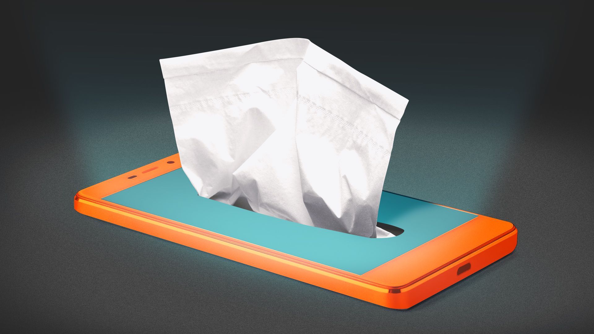 Illustration of a cell phone laying flat, stylized as a tissue box with napkins coming out from the screen. 