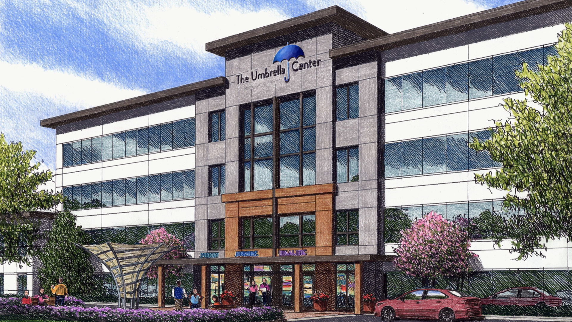 rendering of new building called the umbrella center