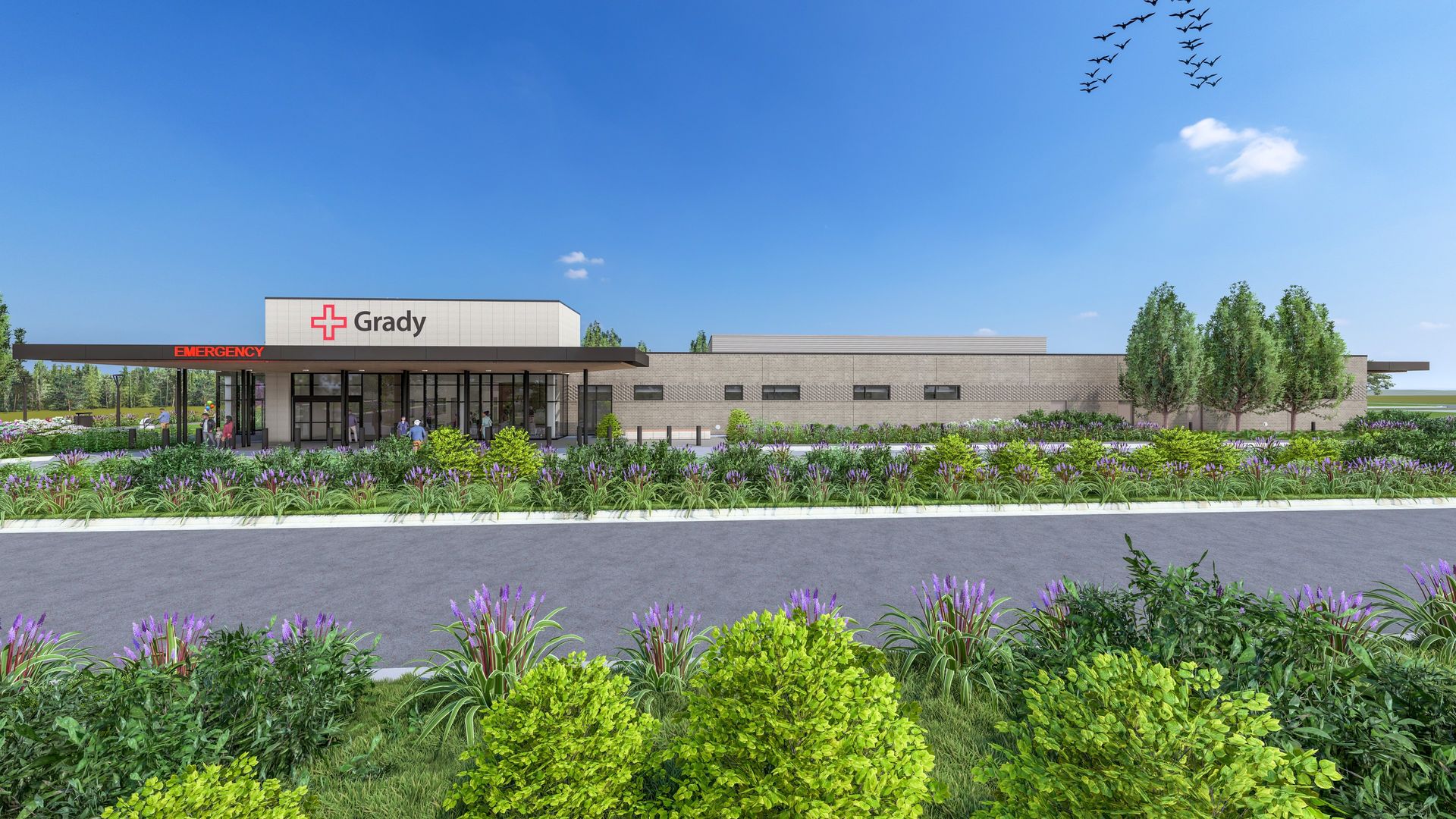 Modern hospital with a Grady sign and red cross. Brick building, glass entrance under an emergency overhang. People near the doors; landscaped front with purple flowers and green shrubs under a clear blue sky.
