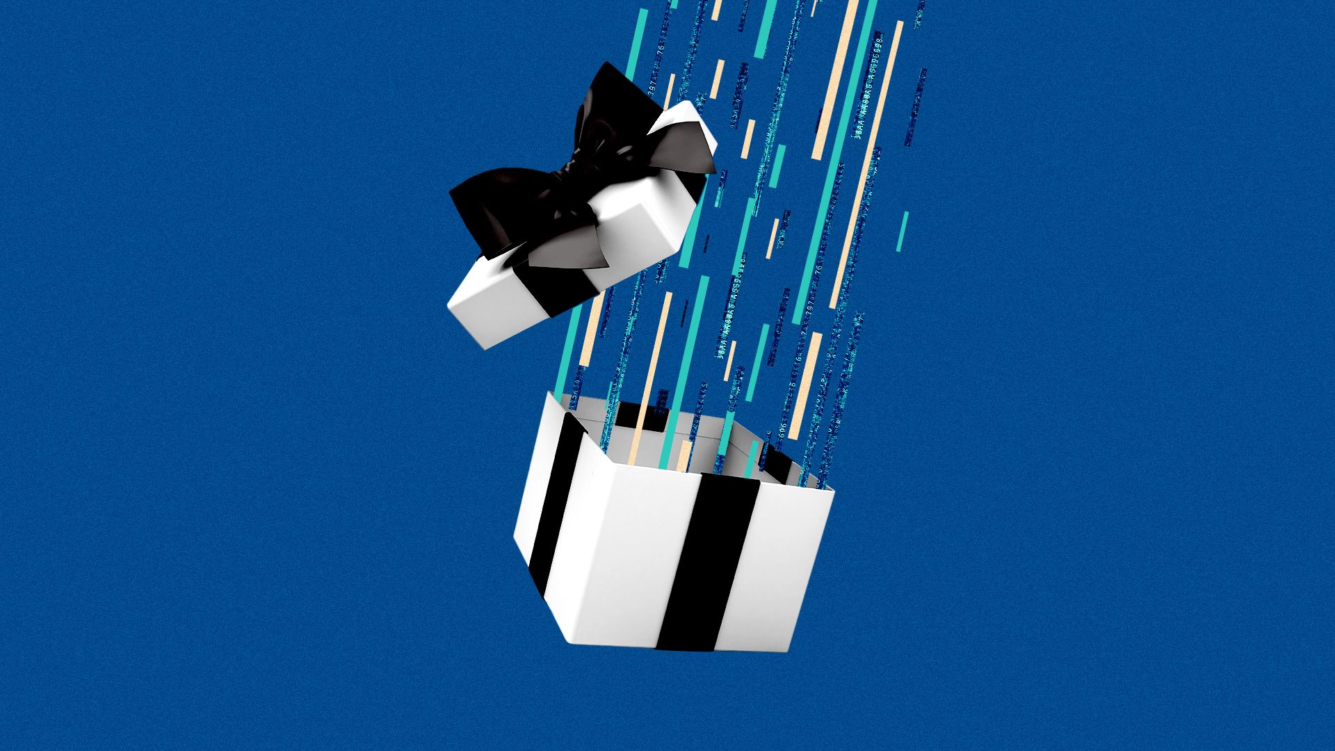 Illustration of a present opening with abstract rectangles of binary code and blue tones moving out. 