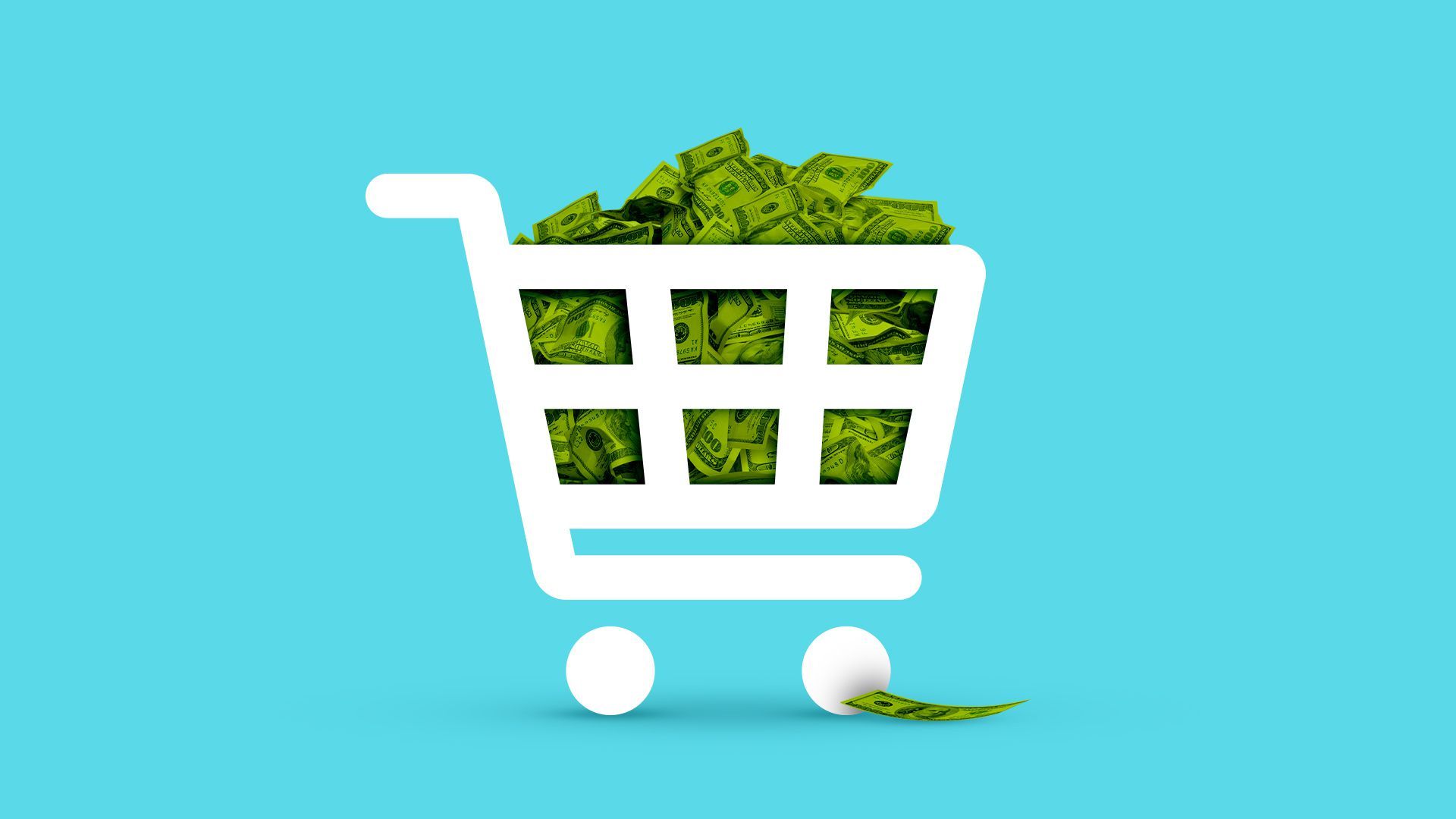 Illustration of a shopping cart icon full of money. 