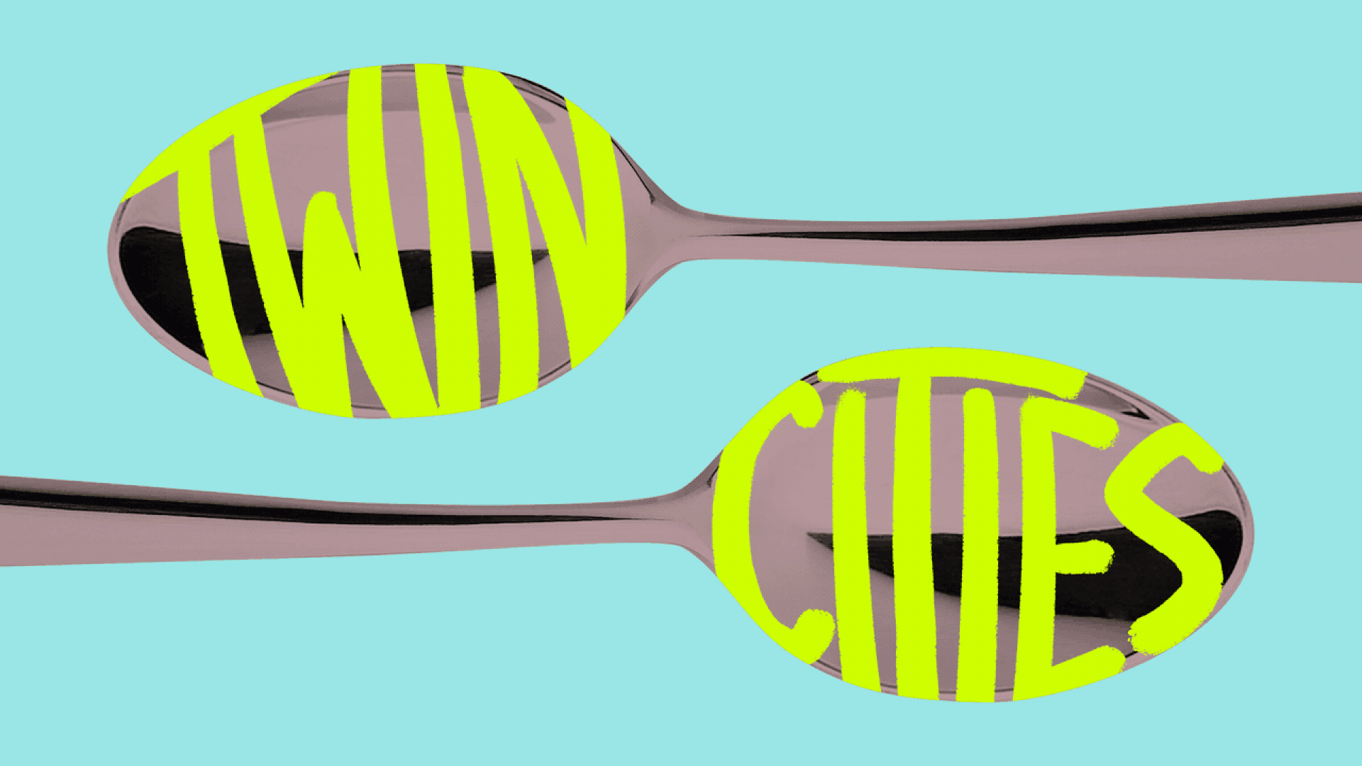 Illustration of two spoons with text reading "Twin Cities" that changes to "MPLS" and "St. P."