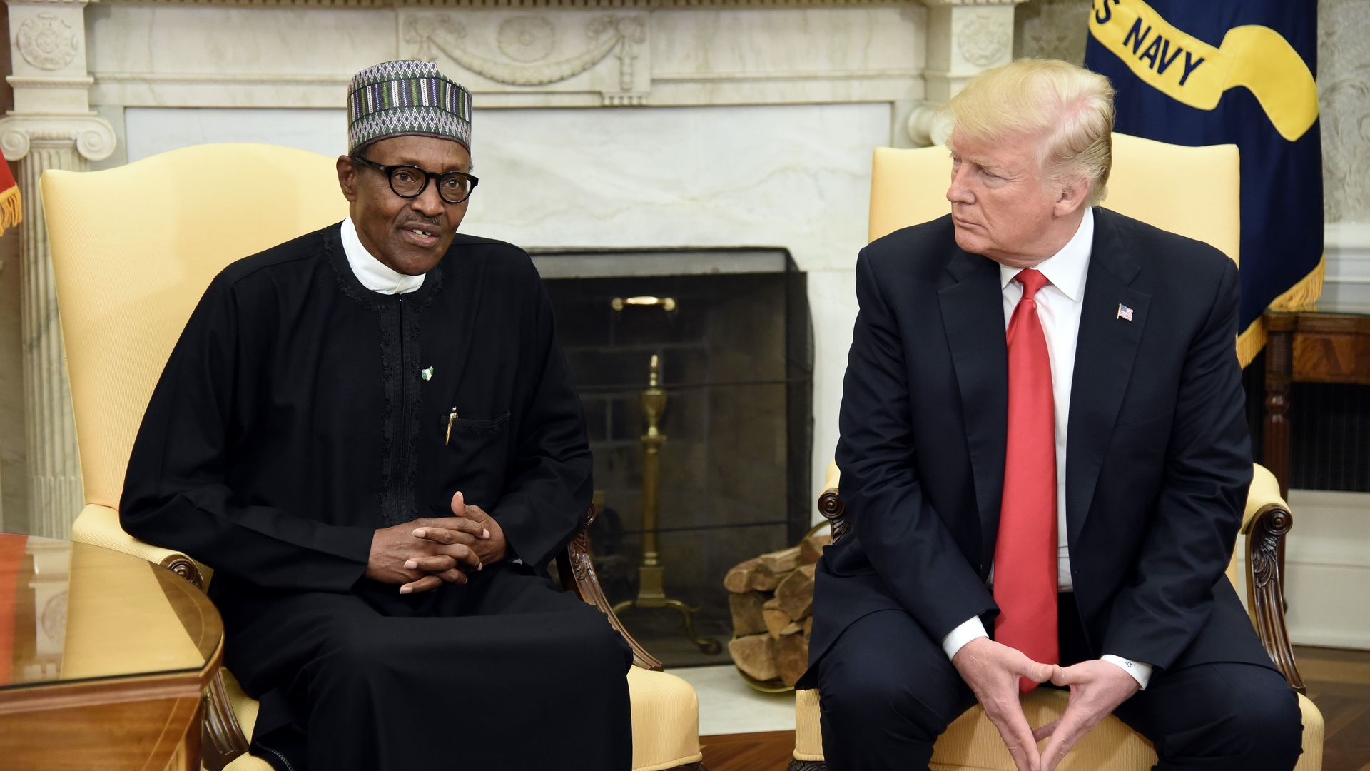 US President Donald Trump (R) meets with Nigerian President Muhammadu Buhari in the Oval Office of the White House on April 30, 2018