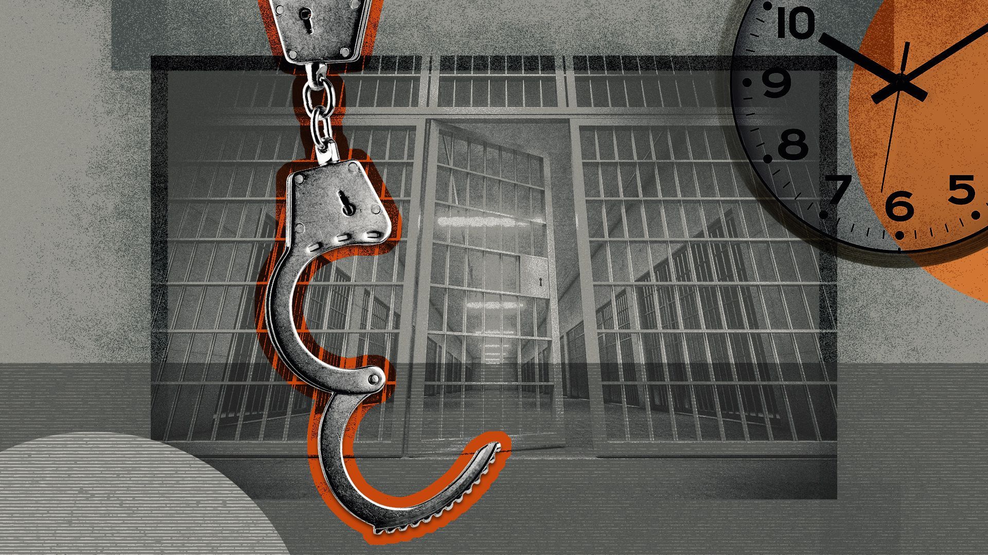 Photo illustration of an open jail cell door, unlocked handcuffs, and a clock.
