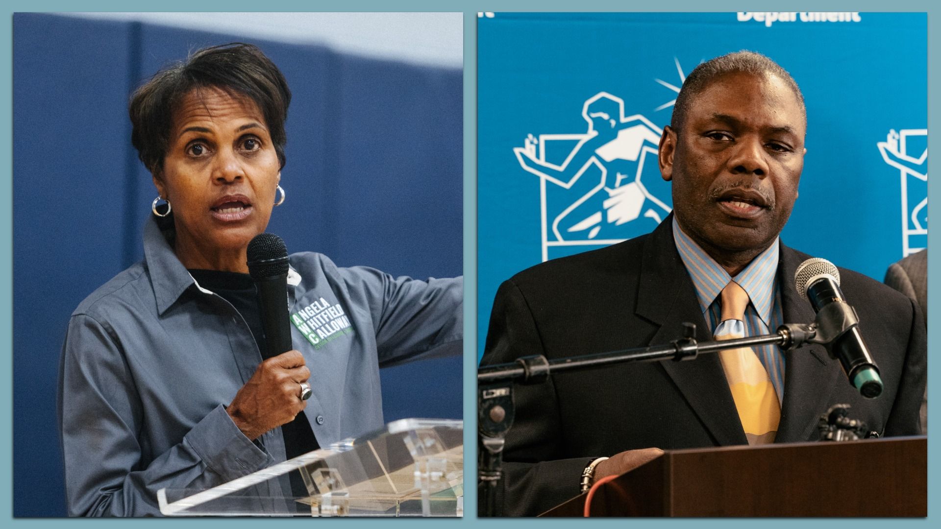 Each candidate poses with a microphone in separate pictures