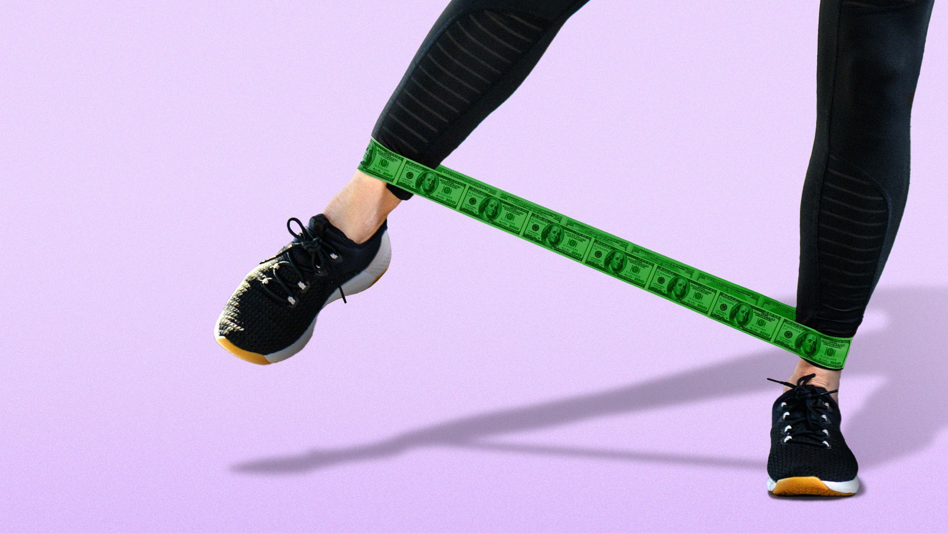 Illustration of a person using an exercise band made from $100 bills.