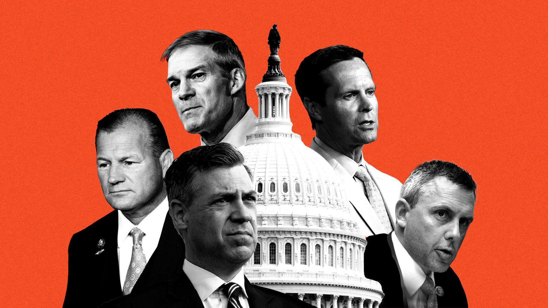Photo illustration of the Capitol Dome surrounded by Representatives Jim Banks (R-Ind.), Jim Jordan (R-Ohio), Rodney Davis (R-Ill.), Kelly Armstrong (R-N.D.) and Troy Nehls (R-Texas) 