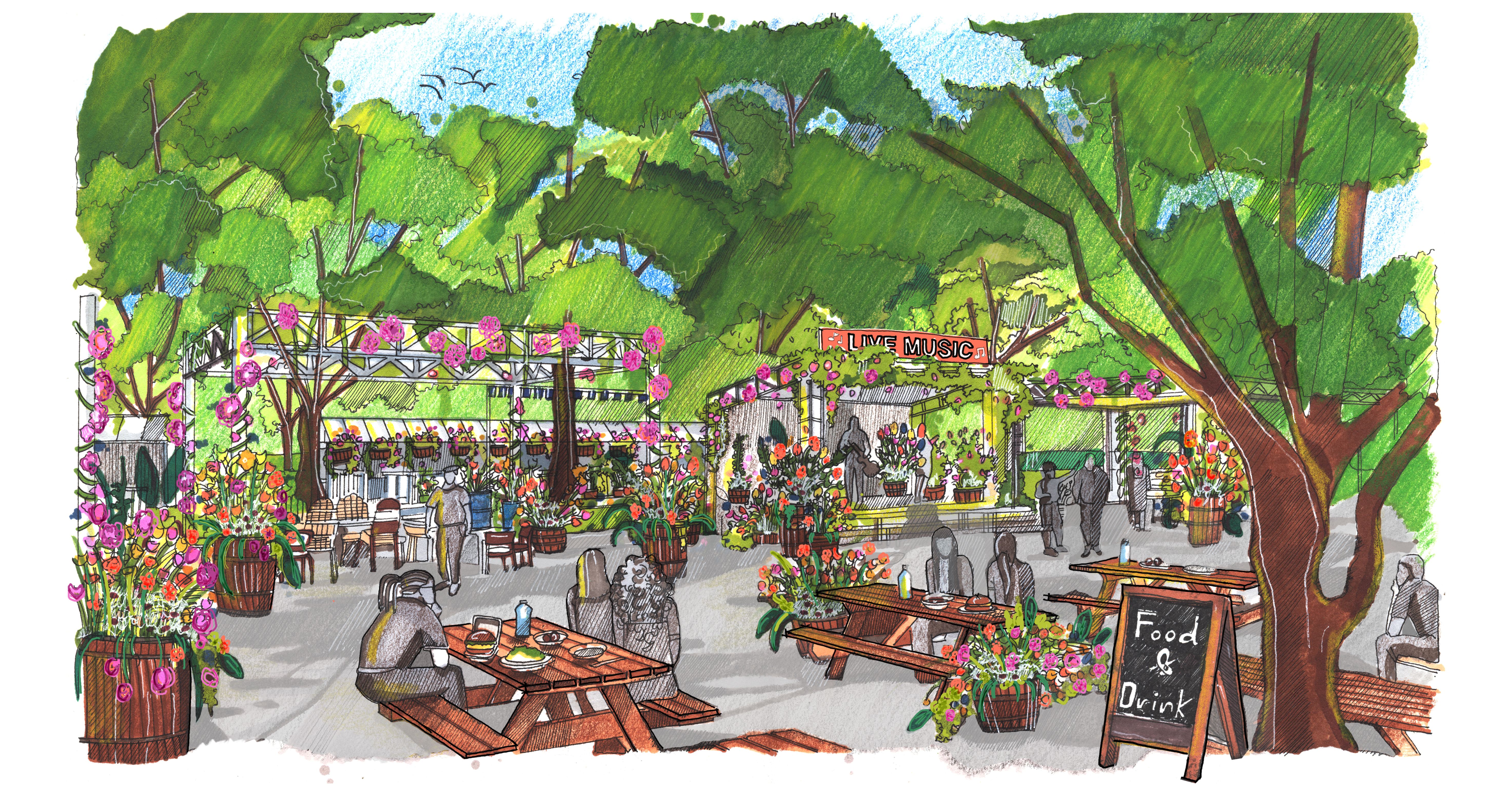A rendering of the 2022 Flower Show’s food bazaar and live entertainment venues.  