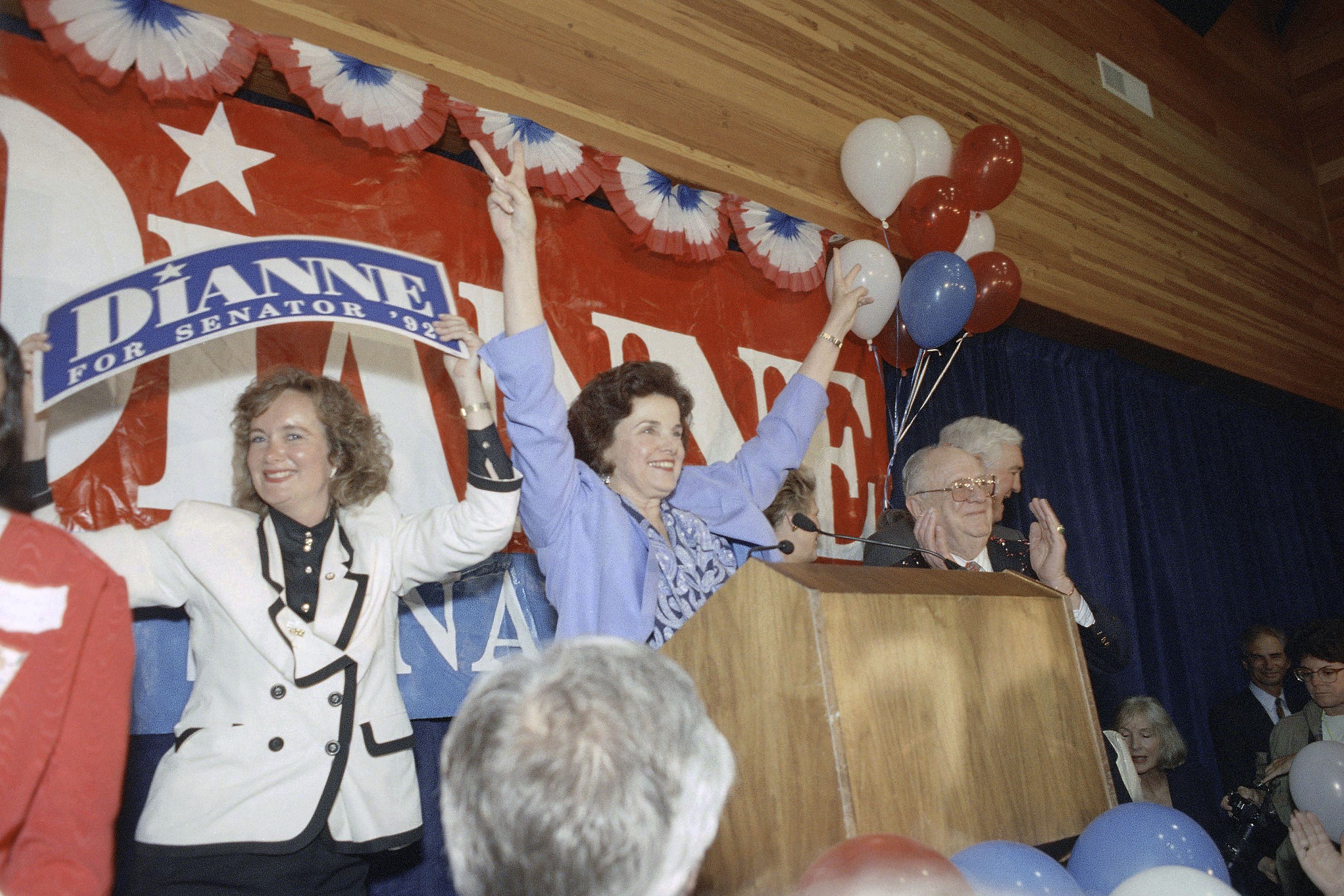 Dianne Feinstein celebrates her first Senate win in 1992.