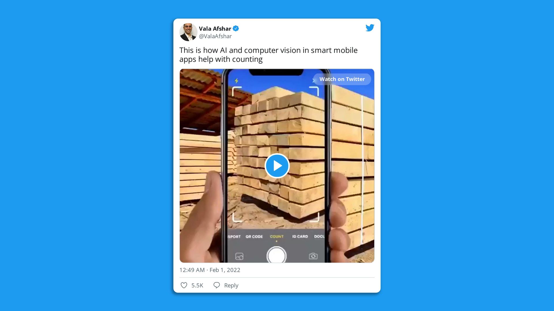 A tweet that shows an augmented reality app that counts large numbers of objects.