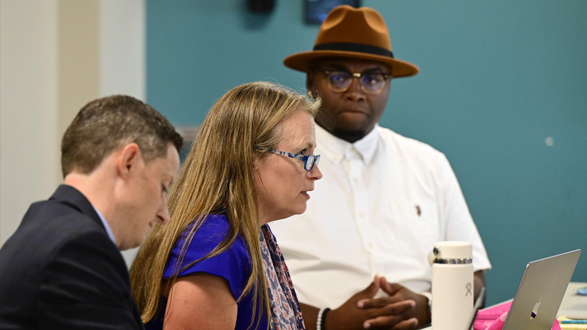 Denver school board president Carrie Olson, center, during a meeting in August. Photo: Andy Cross/Denver Post via Getty Images