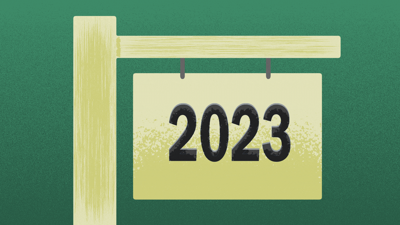 Animated illustration of a real estate sign with the year 2023 on it flipping over to reveal the year 2024.