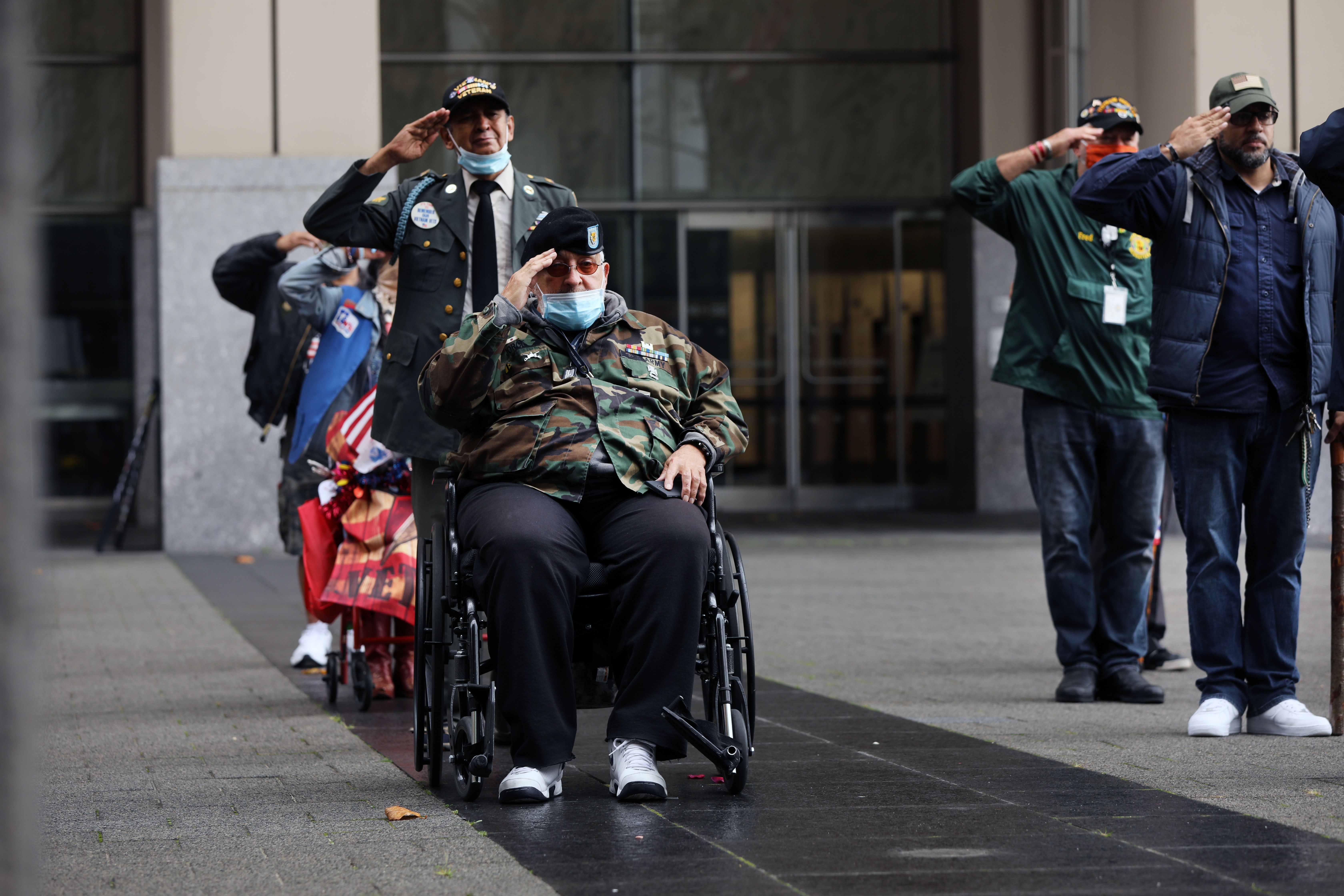 Veterans of the Vietnam War and others gather at the Vietnam War Memorial in Manhattan on Veterans Day on November 11, 2020 in New York City