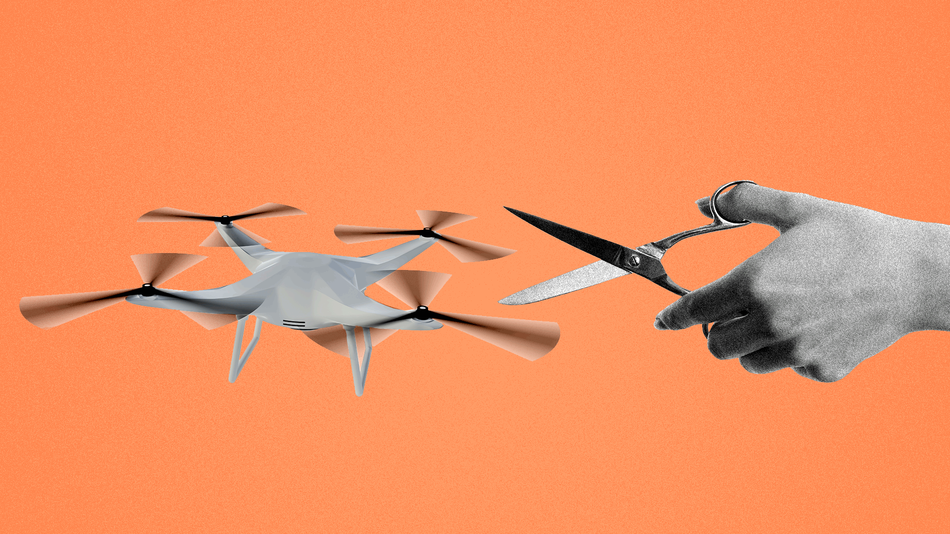  Illustration of a drone being clipped by scissors. 